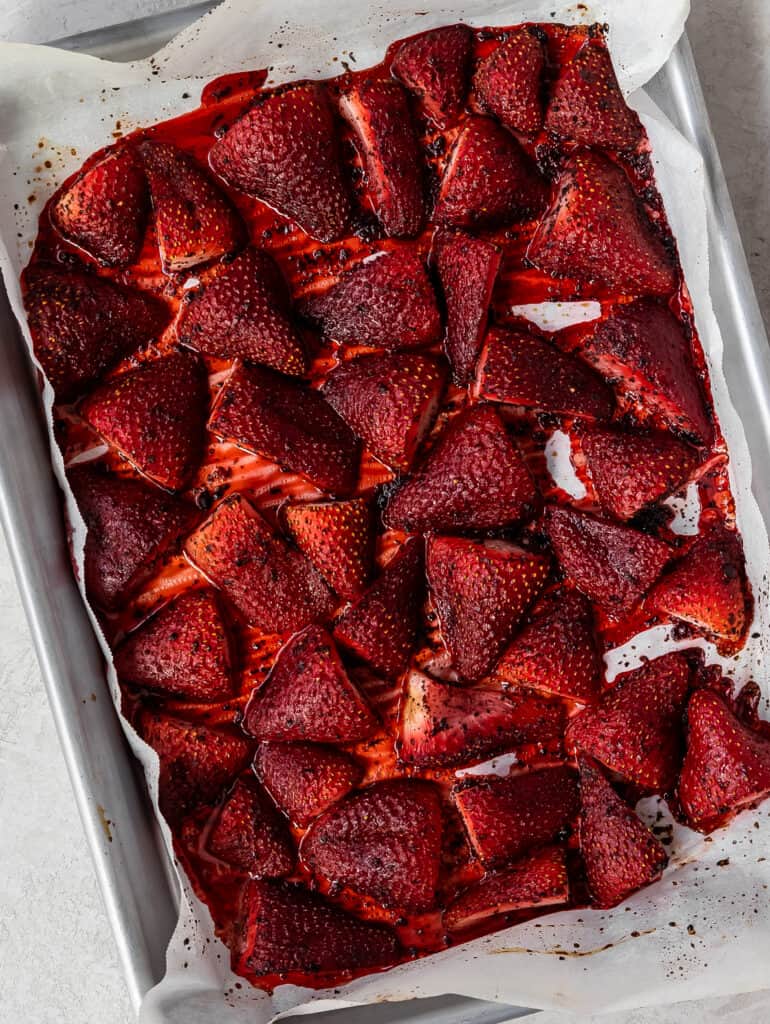 sumac roasted strawberries on a baking sheet 