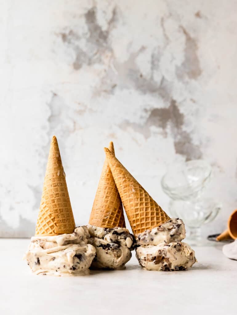 no churn tahini ice cream on ice cream cones 