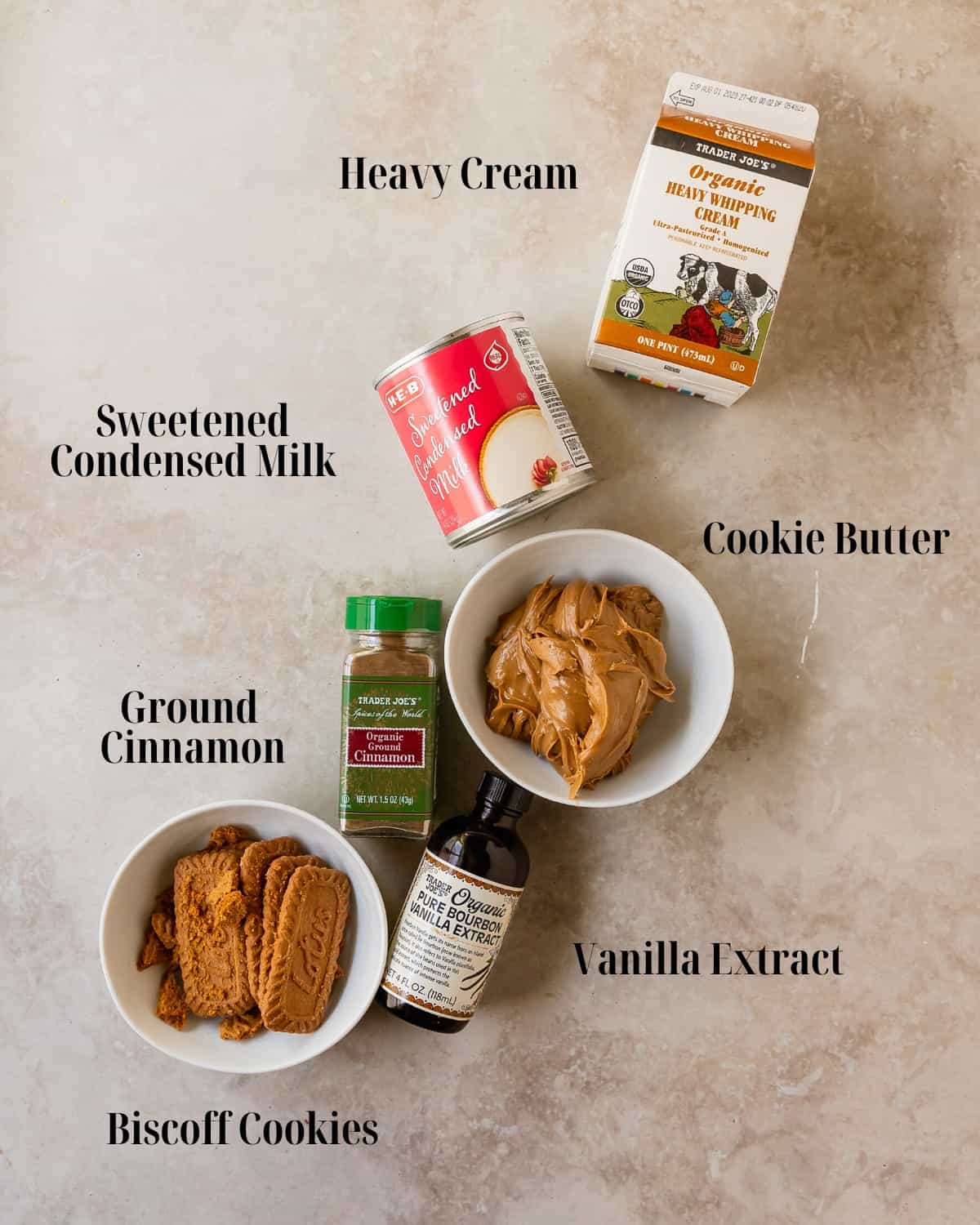 Ingredients:  Gather Biscoff, sweetened condensed milk, vanilla extract, ground cinnamon, heavy whipping cream and Lotus Biscoff cookies. 
