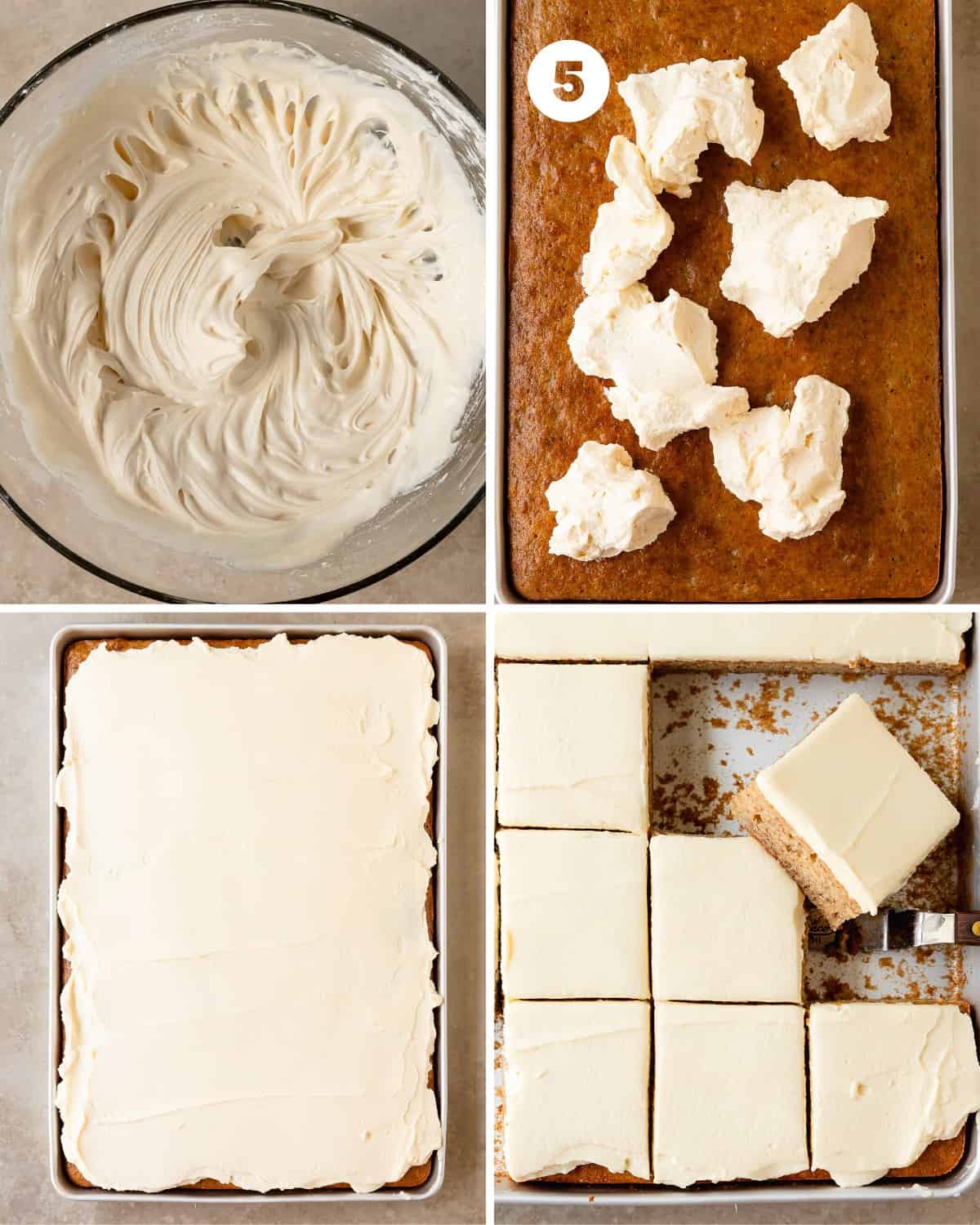 Spread the cream cheese frosting on top of the fully cooled banana sheet cake bars. If the frosting is too warm or soft, place the frosted banana bars in the fridge for 20-30 minutes. Slice and enjoy!