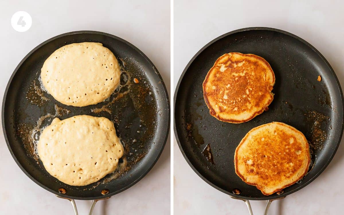 In a preheated non stick skillet or griddle, melt some butter, coconut oil or other oil on the skillet. Using a ¼ cup (59 ml) measuring cup, drop the fluffy oat pancake batter onto the hot skillet. When bubbles start to form, pop and stay on surface of the pancake, it’s time to flip. This takes about 3 - 4  minutes. Flip the pancakes and cook for an additional 2 -3 minutes. 
