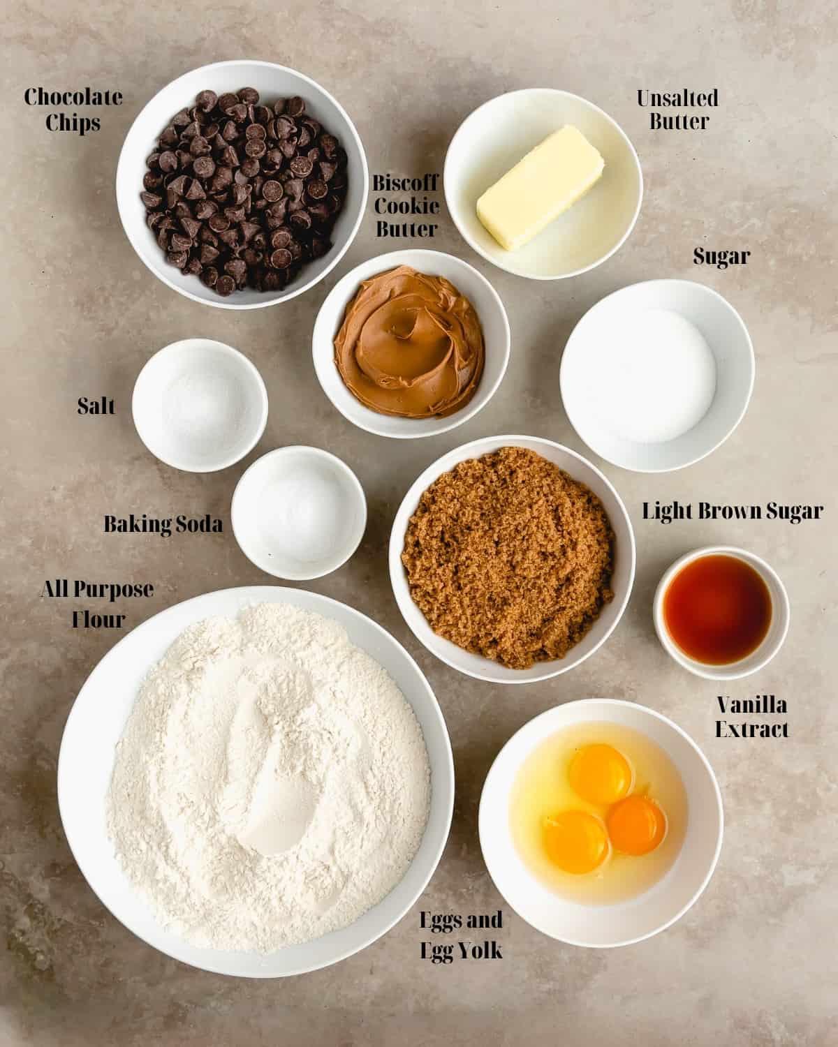 Basic ingredients in bowls to make the Cookie Butter Cookies.