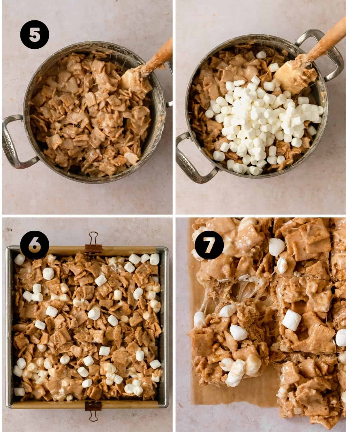 How to make Cinnamon Toast Crunch Bars. Melt the butter and marshmallows. Stir in the vanilla extract and cinnamon cereal.