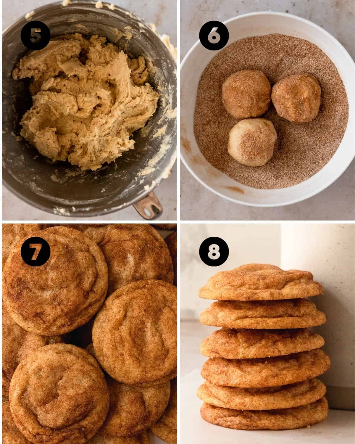 Fold the dry ingredients into the wet until just combined. Scoop the cookie dough into balls. Roll the balls into the cinnamon sugar. Bake and enjoy!