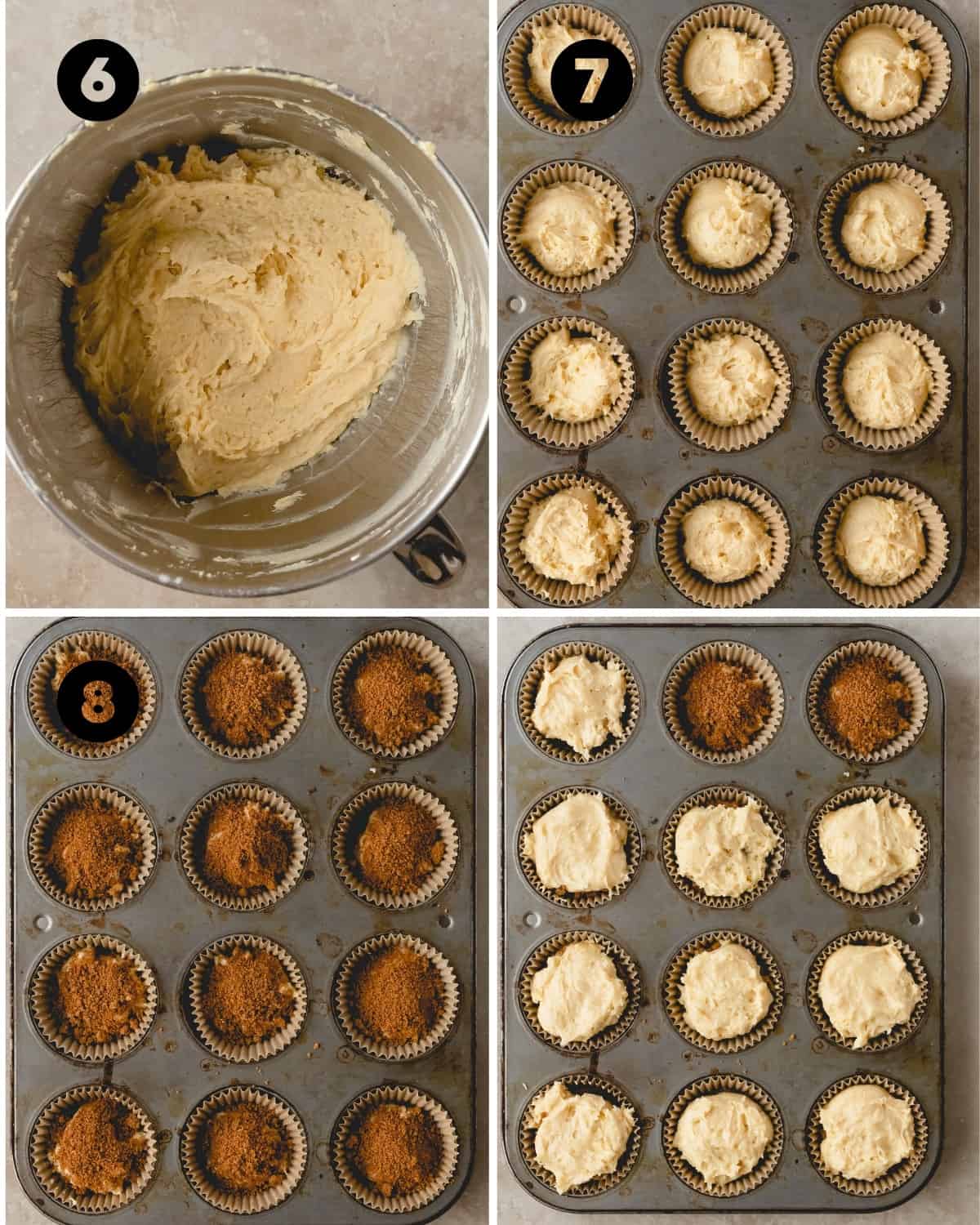 Cinnamon crumle muffins being assembled. Scoop the muffin batter into the lined muffin pan, top with cinnamon filling, top with more muffin .