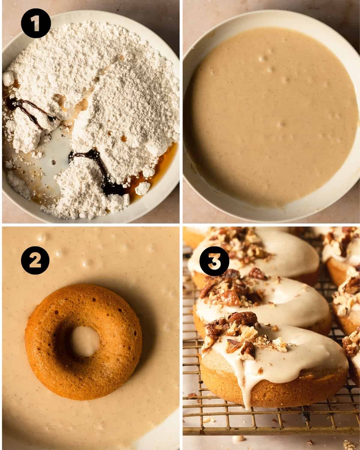 Whisk the powdered sugar, maple syrup, vanilla extract and milk togethe until well combined. Dip the maple donuts in the glaze and top with chopped pecans.