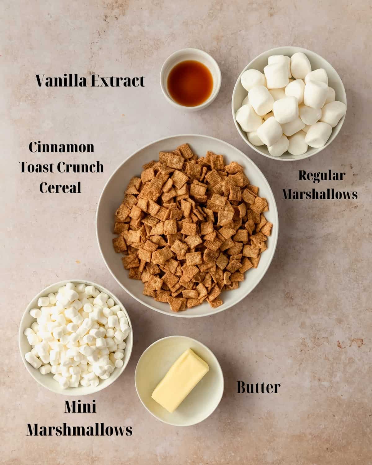 Cinnamon Toast Crunch Bars Ingredients in bowls.