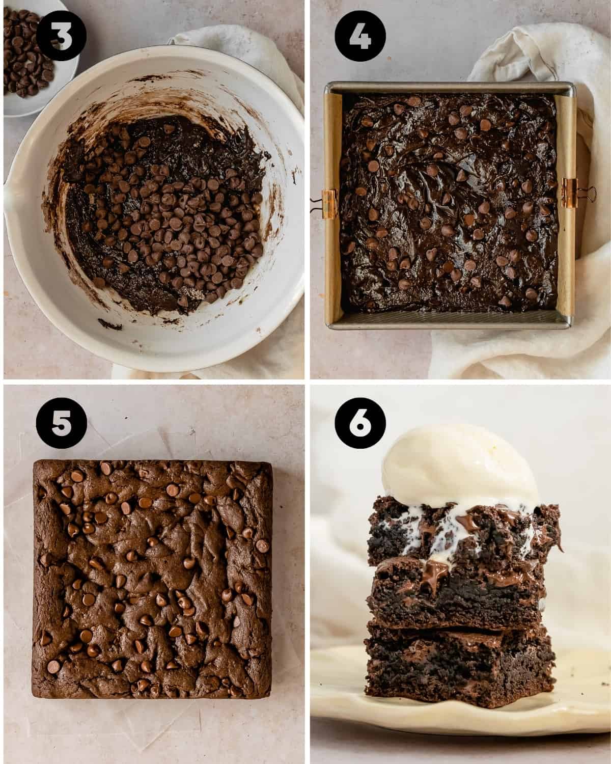 Brownies from Cake Mix Recipe Steps: Mixing semi sweet chocolate chip, pouring into a baking pan, baking and eating. 