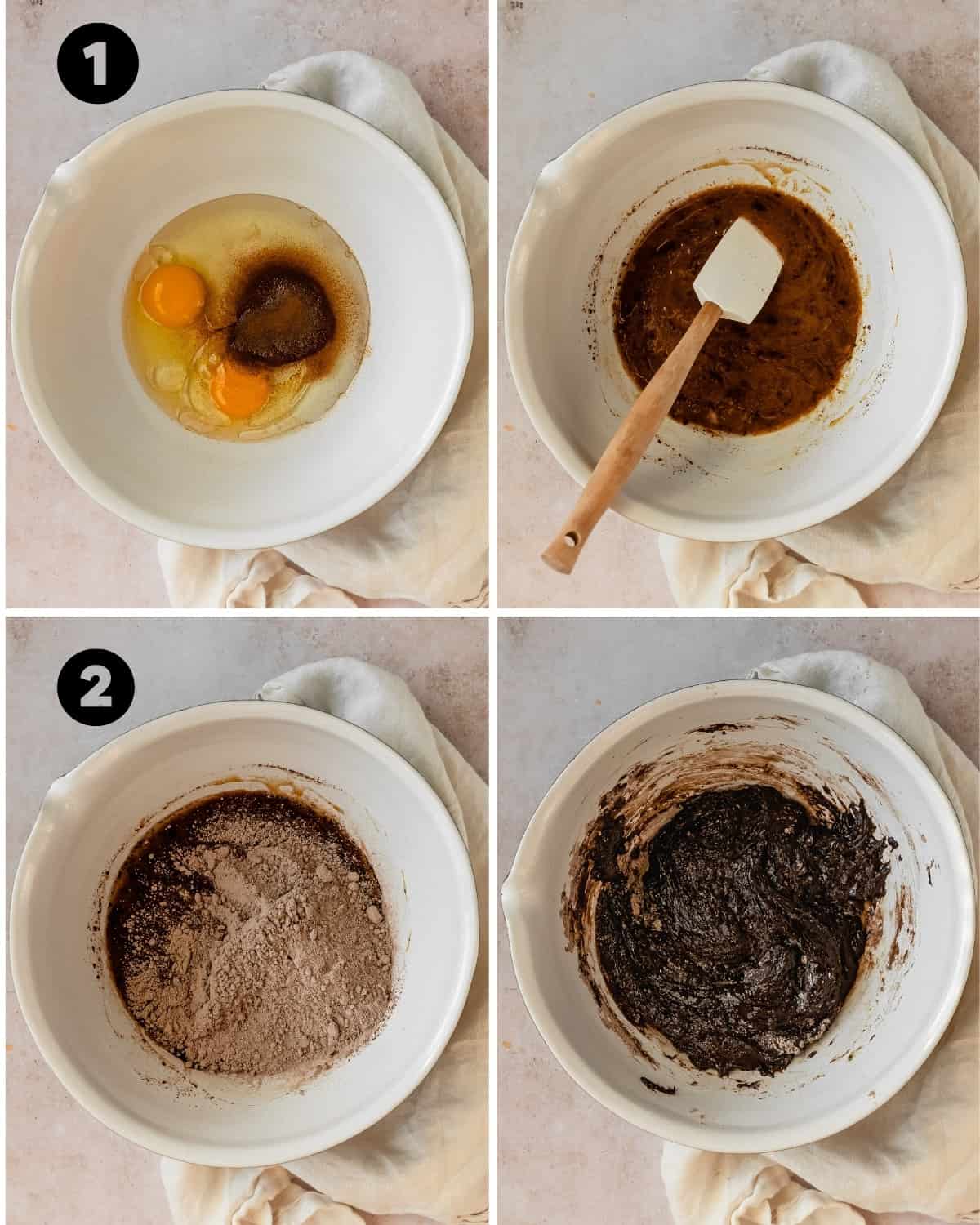 Cake Mix Brownie Recipe Steps: Mixing eggs, oil and espresso powder. Mixing cake mix until well combined. 