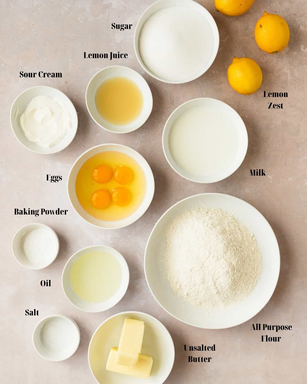 Lemonade Bundt Cake Recipe Ingredients in bowls.