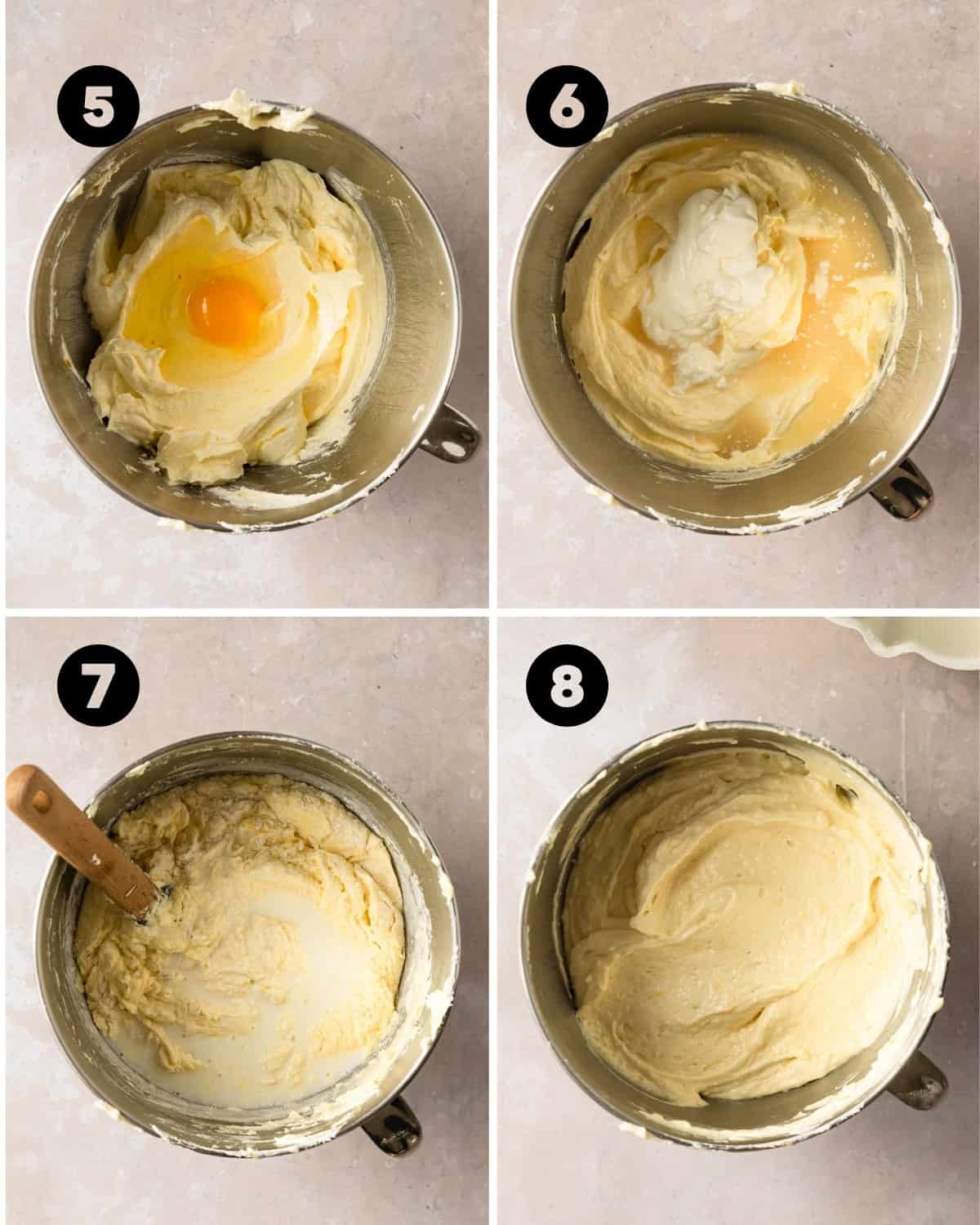 Lemonade Bundt Cake Recipe Steps 5-8. Mixing butter, oil, sugar, and eggs.