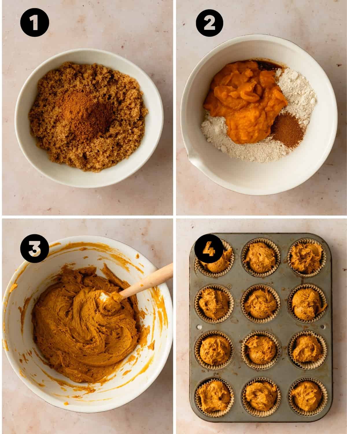 Pumpkin Muffins from Cake Mix Recipe steps 1-4. Mixing the topping, mizing the muffins and scooping the muffins into the pan.