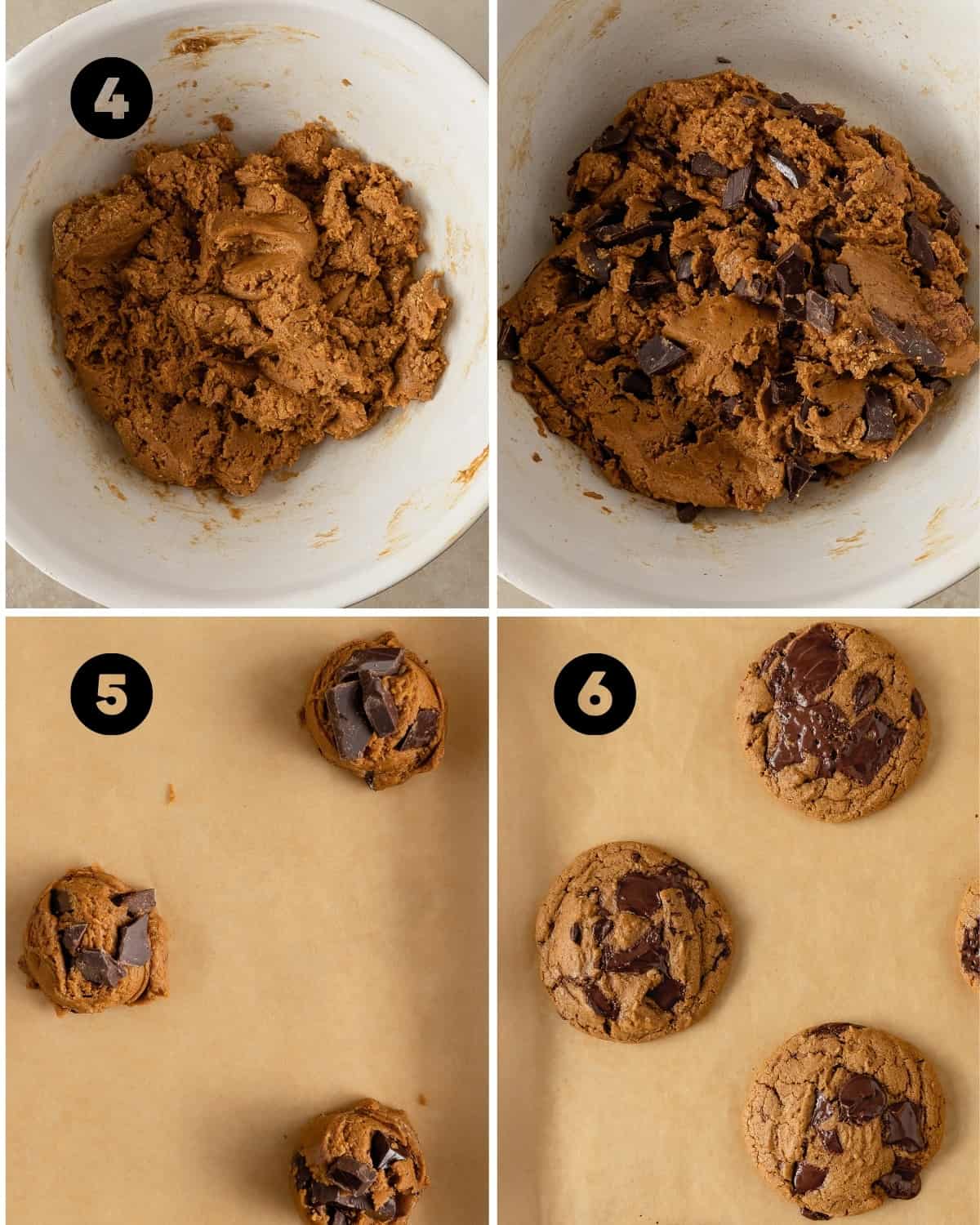 Stir in the dry ingredients to the wet. Fold in the chocolate chunks. Scoop the cookie dough into balls and bake. 