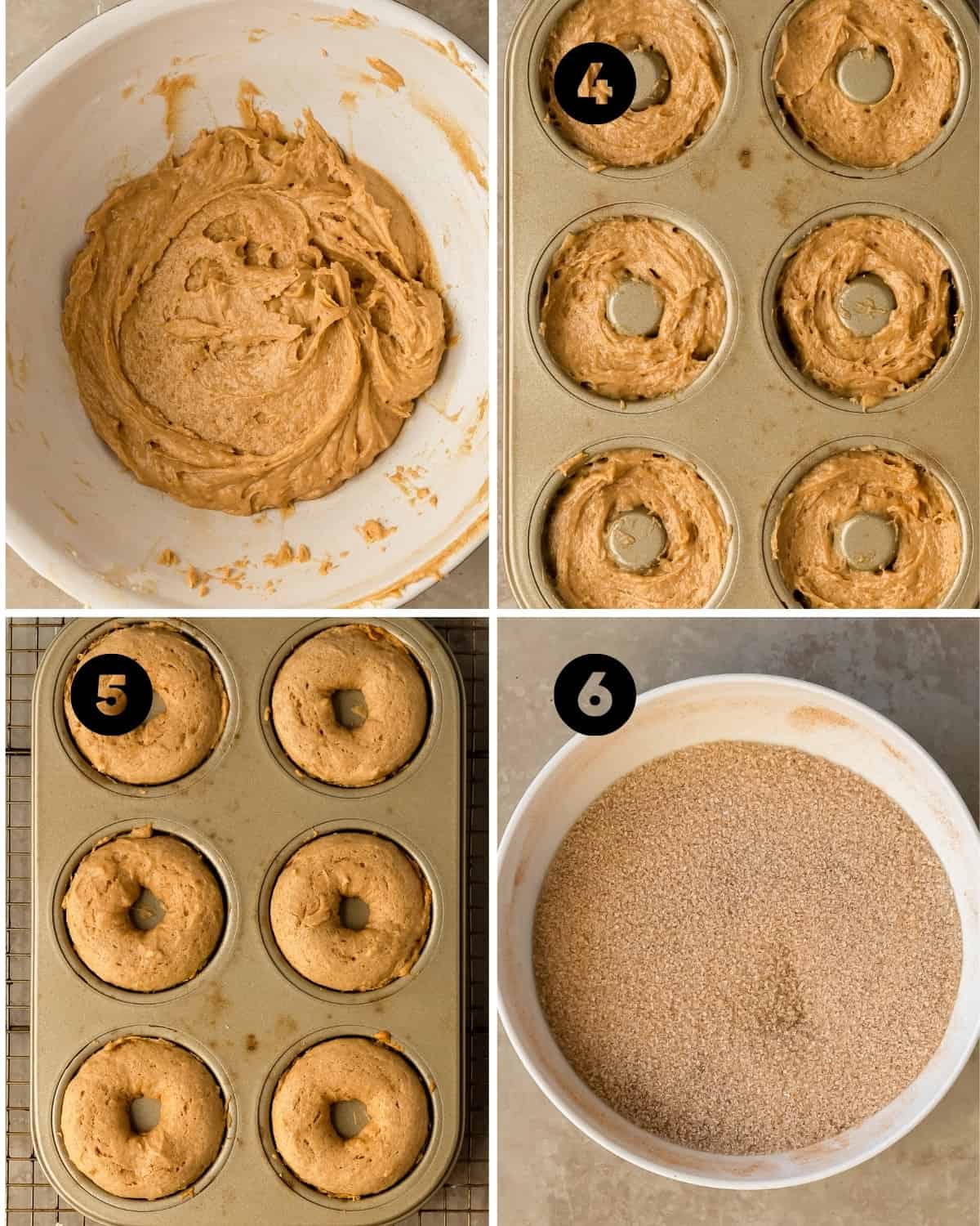 Whisk the cinnamon donut batter together until well combined, pipe into a donut pan and bake. 