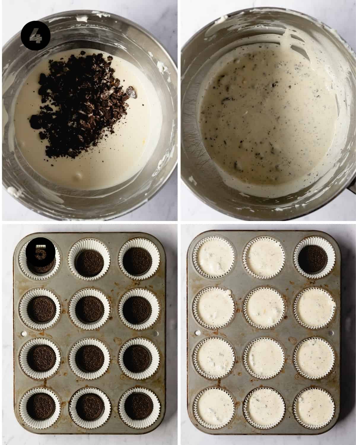 Mix the crushed Oreos into the cheesecake filling. Place an oreo into each cupcake liner. Scoop oreo cheesecake filling into each cupcake liner. 