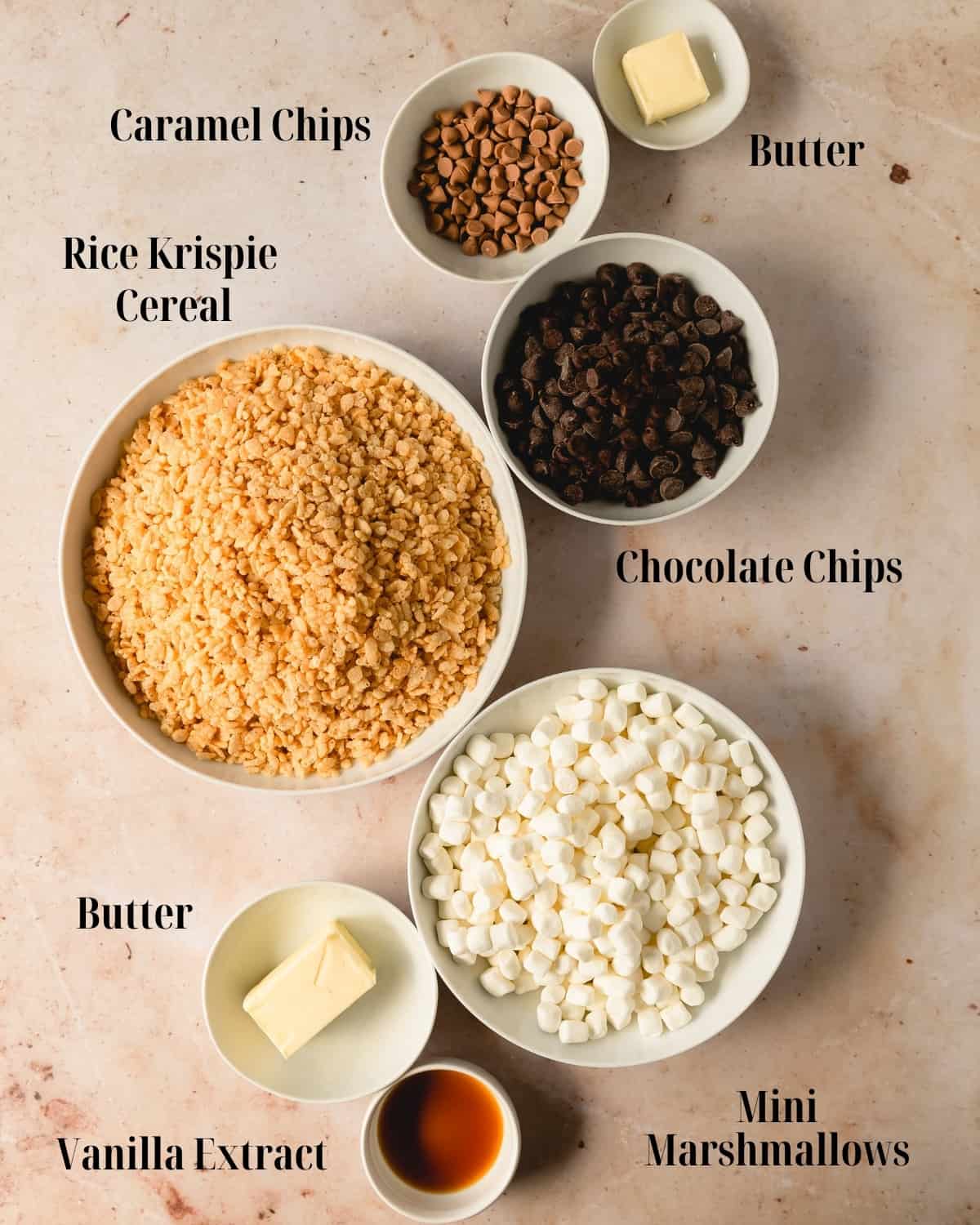 The main ingredients for chocolate rice krispie treats are rice krispie cereal,, butter, mini marshmallows, vanilla extract, salt semi sweet or dark chocolate chips and caramel chips for topping. 