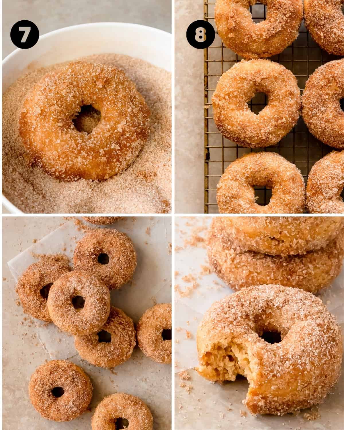 Roll the cinnamon donuts into the cinnamon sugar topping and place on a cooling rack. Repeat with the remaining donuts.