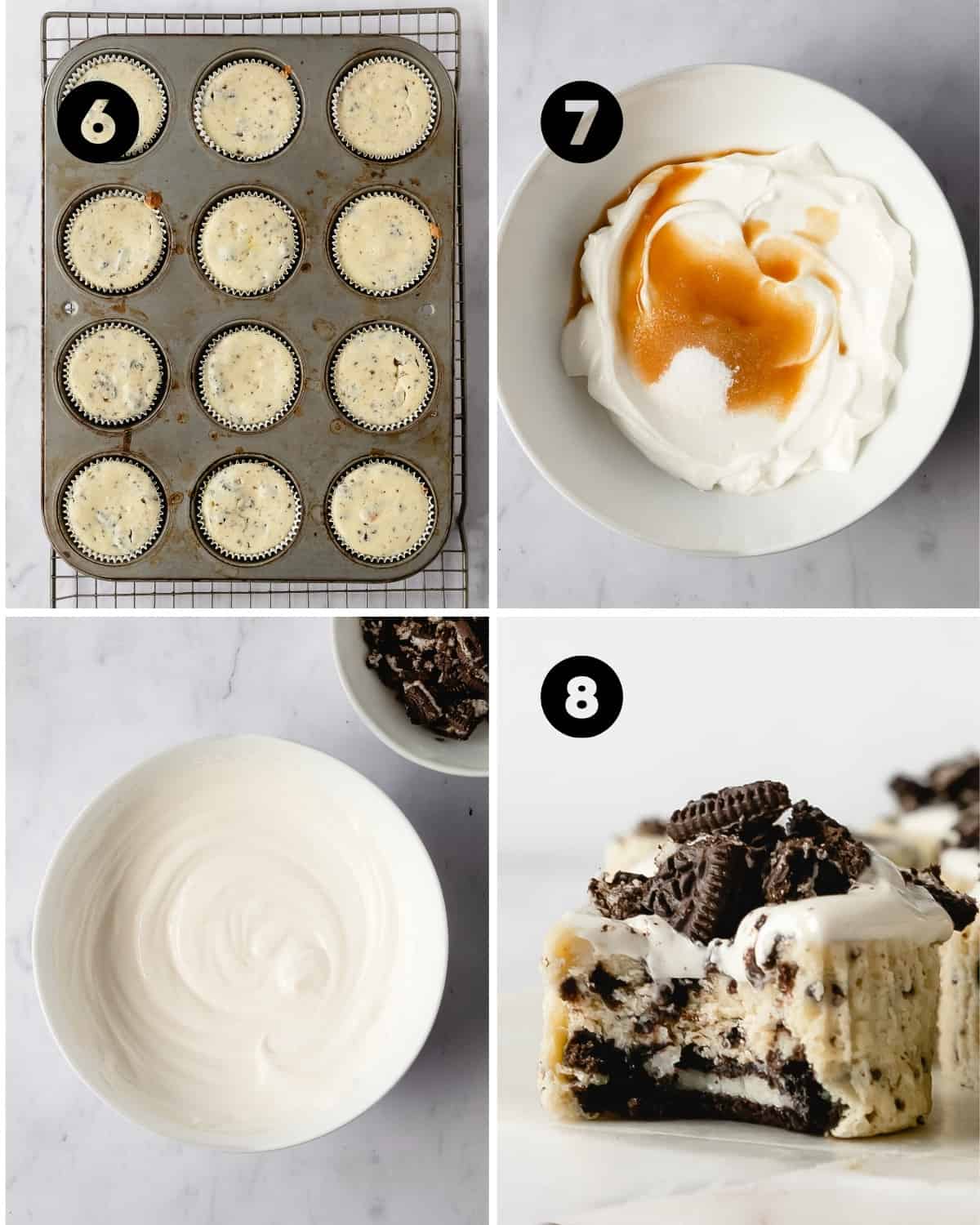 Bake the cheesecakes for 14-16 minutes. Make the topping by mixing the sour cream, sugar and vanilla extract together until smooth and well combined. Top each cooled mini cheesecake with sour cream and more crushed oreo cookies. 