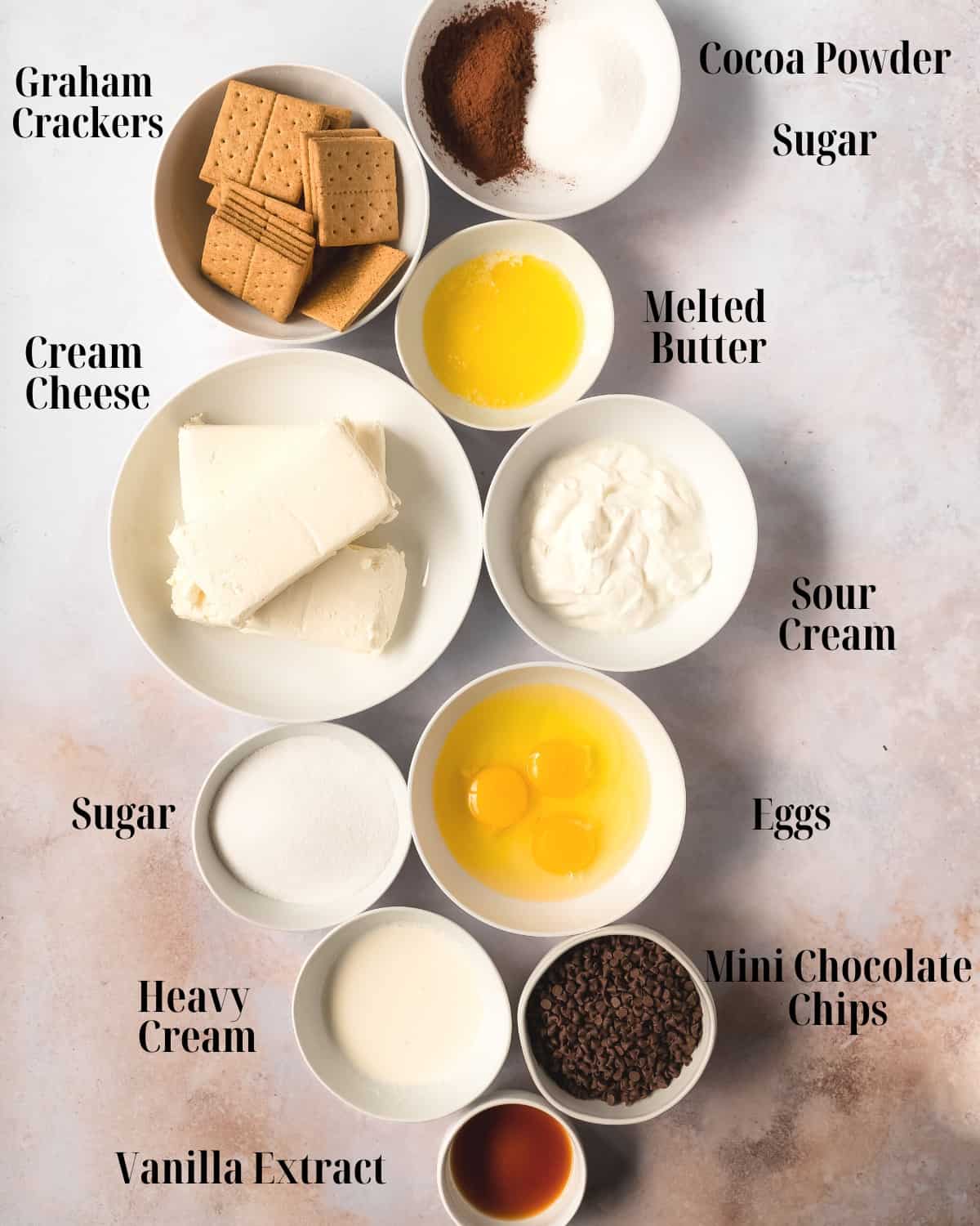 Gather cream cheese, sugar, vanilla extract, sour cream, heavy cream, eggs and mini chocolate chips, graham cracker, cocoa powder and melted butter.