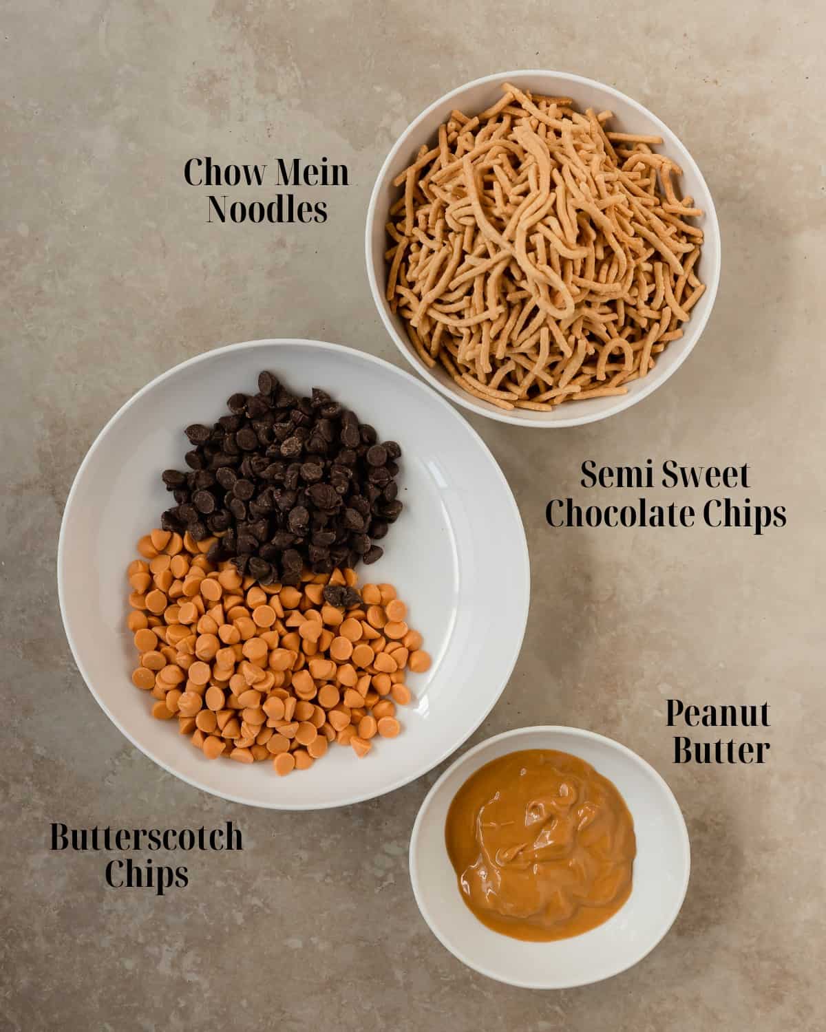 Gather butterscotch chips, semi sweet chocolate chips, chow mein noodles and peanut butter. 