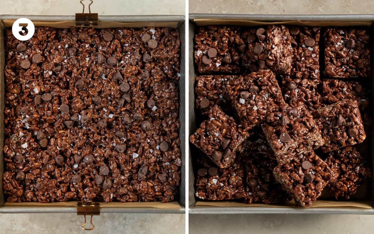 Evenly scoop the soft and gooey treats into a lined 8 x 8 or 9 x 9 pan. Gently press the chocolate rice crispy treats into place. Allow the rice crispy bars with chocolate to set for at least 30 minutes, slice and enjoy.