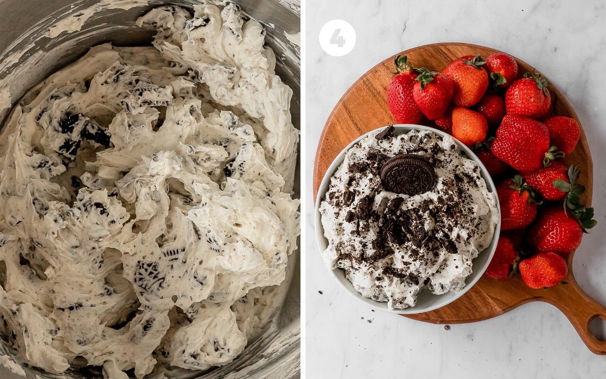 Transfer the Oreo dessert dip into a serving bowl. Top with a finely crushed Oreo cookie and serve with fresh fruit, pretzels or more cookies!  