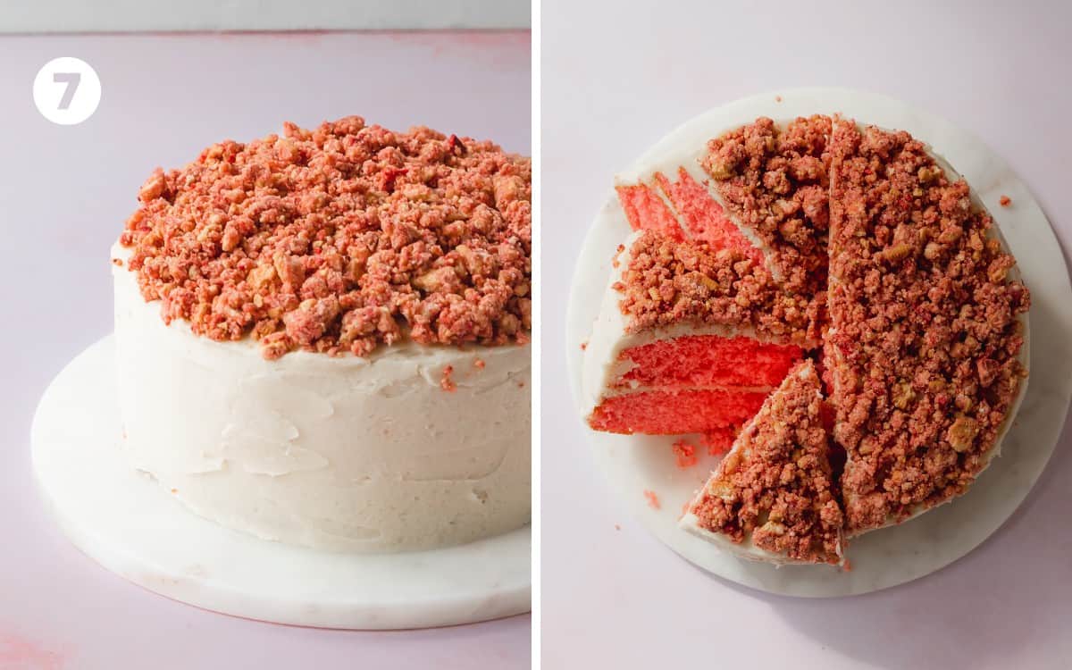 Apply the rest of the frosting to the cake, top with the strawberry crunch, slice and serve. 