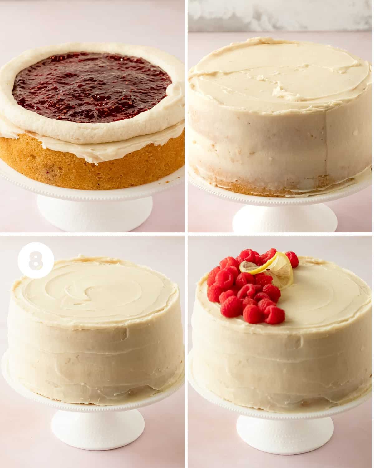 Finish and serve: Apply the rest of the lemon cream cheese frosting to the raspberry filled cake. Place the cake in the fridge to set for about 20 - 30 minutes if the frosting is very soft. When you are ready to serve, top the cake with fresh raspberries and slices of lemon if you like.