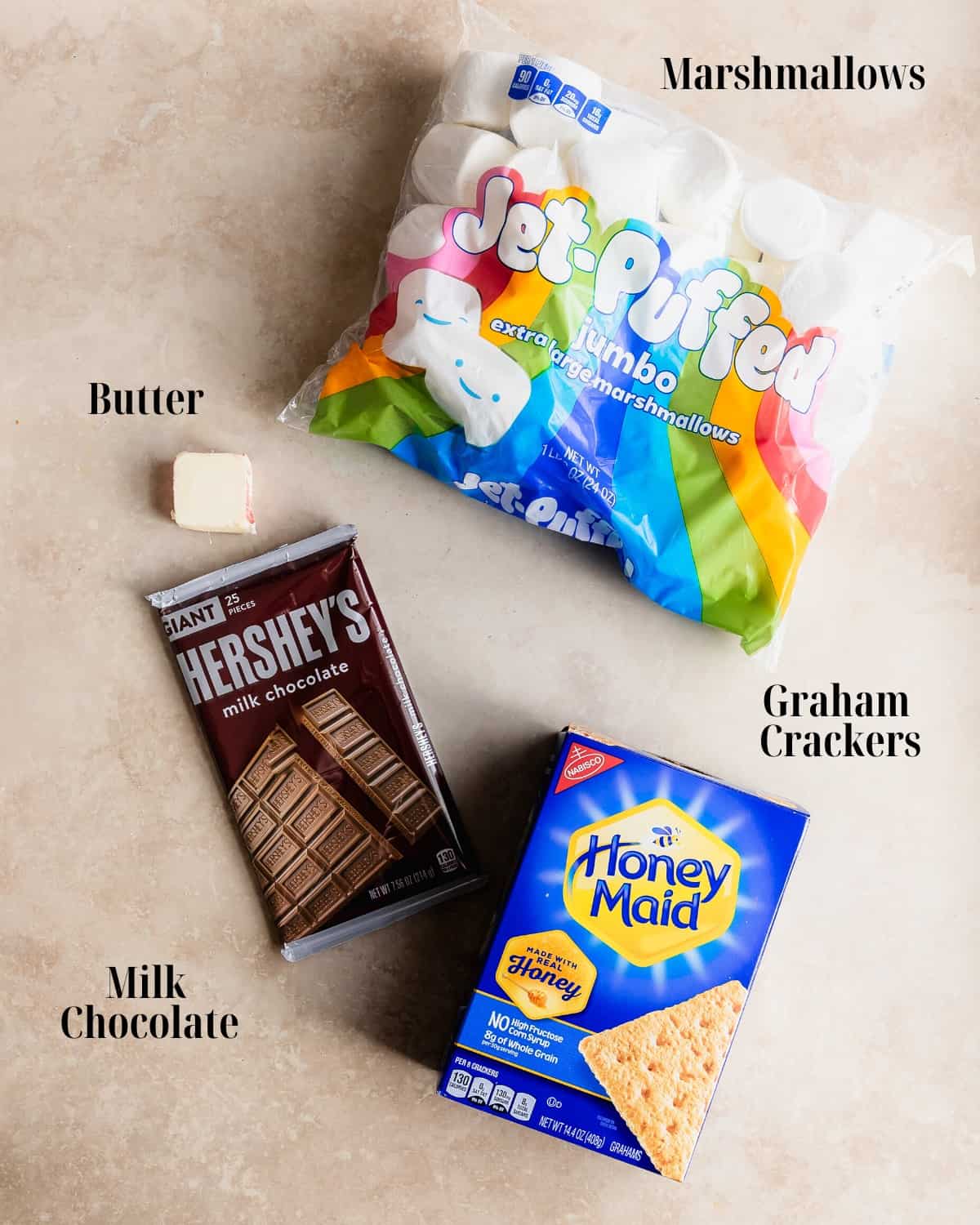 Gather milk chocolate bars, marshmallows and graham crackers.