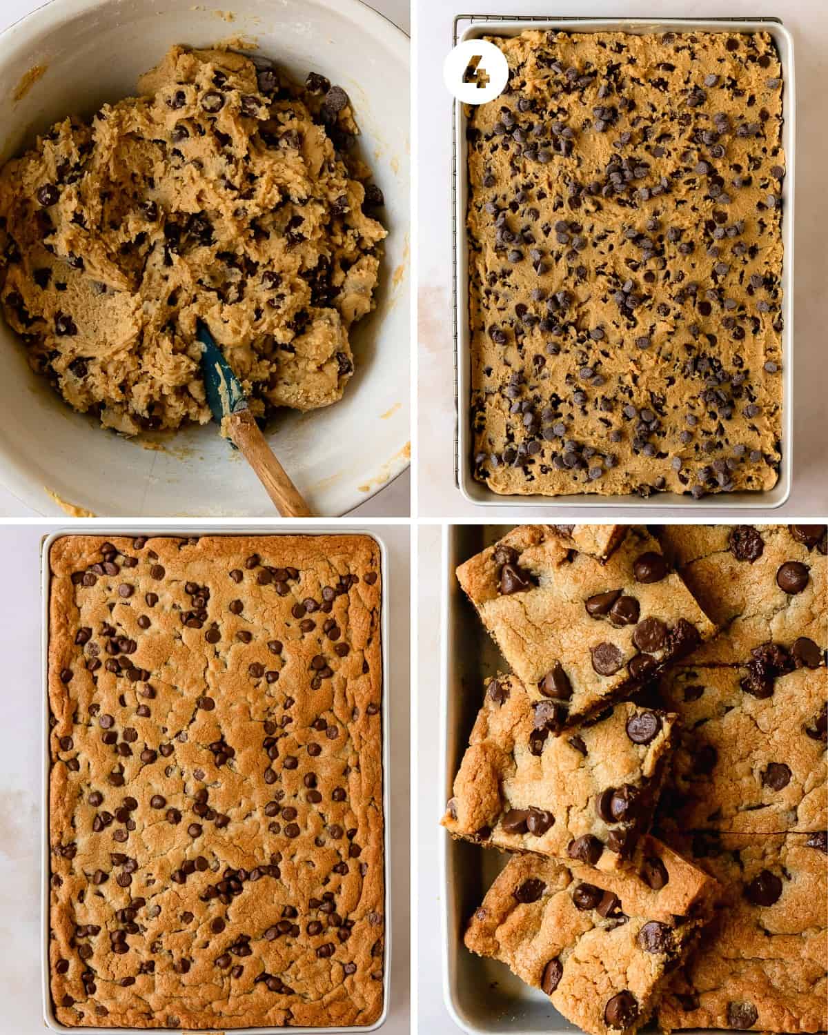 Press the cookie dough into the prepared pan. Use a flexible spatula to smooth the chocolate chip cookie dough evenly across the pan. Top with the reserved chocolate chips. Bake for about 20 - 25 minutes or until the pan of cookies is a light golden brown and the edges are slightly pulled away from the sides of the jelly roll pan. Cool the bars in the pan to room temperature, slice and enjoy!