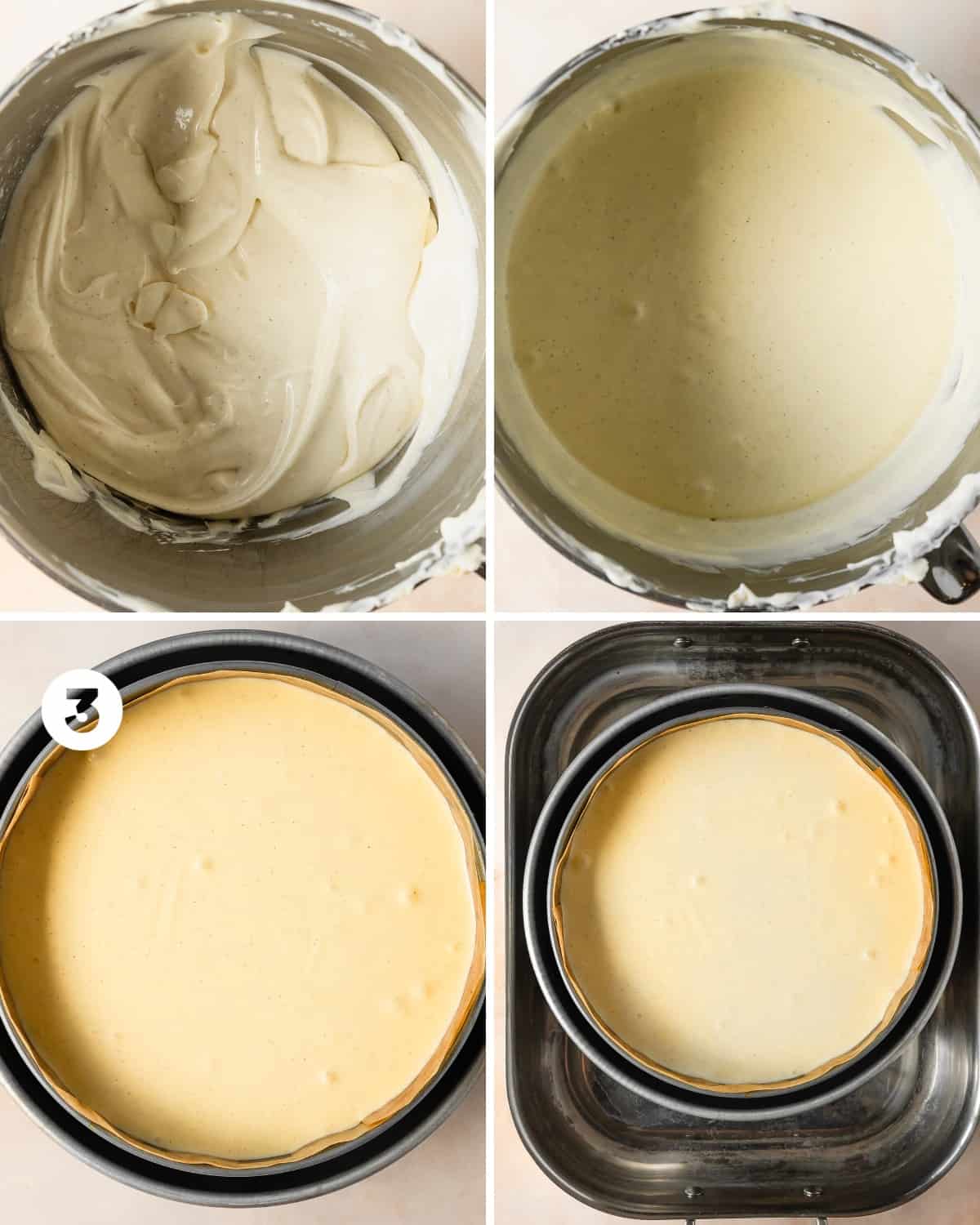 Pour the creamy vanilla cheesecake filling into the prepared cookie crust. If you haven’t done so yet, place the springform pan into a larger 10” cake pan. Then place the cheesecake into a large roasting pan filled with very hot water.