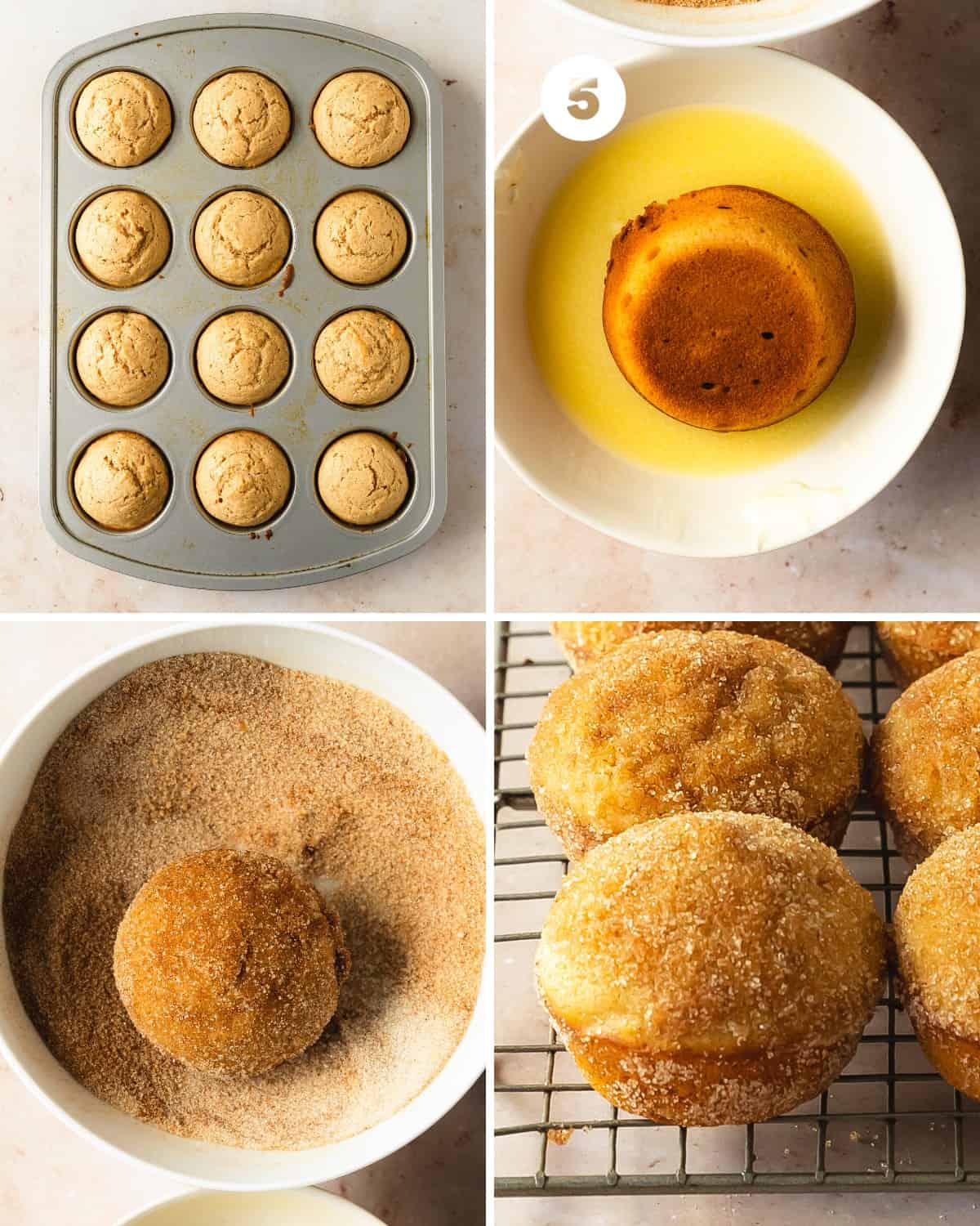 Dip the tops of the cinnamon muffins into the melted butter. Gently shake off any excess butter. Immediately roll the entire muffin in the cinnamon sugar mixture. Set the cinnamon sugar muffin back onto a cooling rack and repeat with the remaining muffins. 