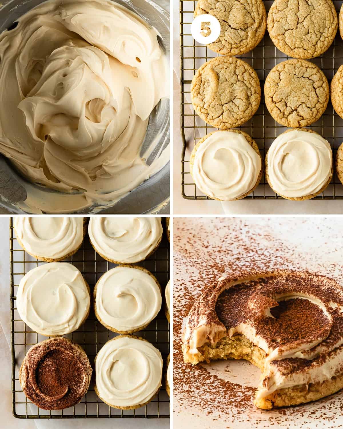 Top the soft and chewy espresso sugar cookies with 1 -2  tablespoons (15 - 30 ml) mascarpone frosting. Use the back of a spoon or an icing spatula to smoot the frosting across the top in a circular motion. Dust with cocoa powder and enjoy. 