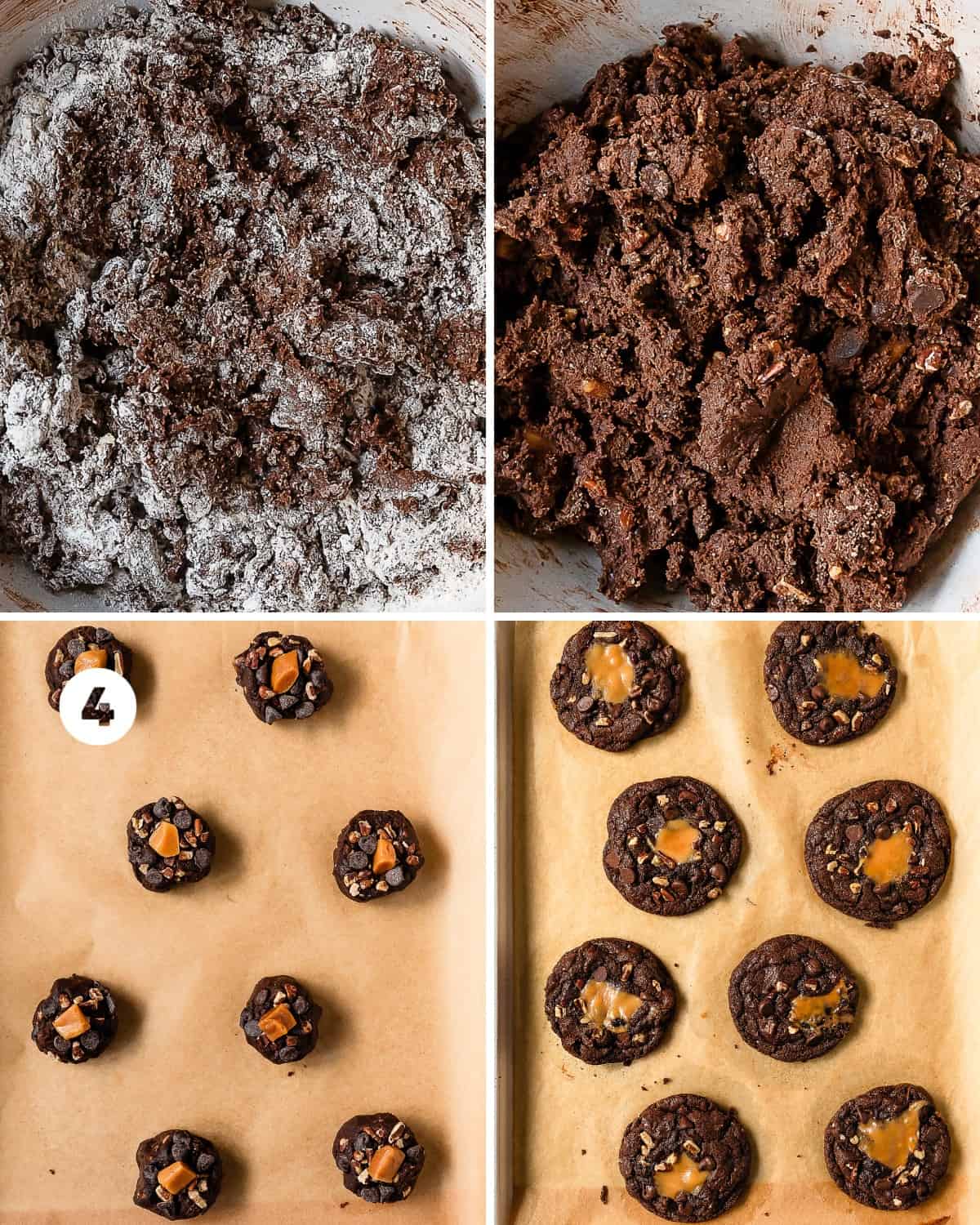 Preheat the oven to 375 F (190 C) for about 30 minutes before baking the cookies. Line a large baking sheet with parchment paper. Allow the dough to rest while the oven preheats for 30 minutes. Using a medium cookie scoop (2 tablespoons, 30 ml), scoop the chocolate turtle cookie dough into a ball, roll the dough ball into the reserved cup of pecans, chocolate and caramel pieces and place the cookie dough balls onto the lined baking sheet about 3 inches (8 cm) apart. Bake at 375 F (190 C) for 9 - 11 minutes or until the edges of the cookies are set and the centers are slightly puffed. Cool the e cookies on the baking sheet for 5 minutes. Then transfer to a cooling rack to cool completely to room temperature. Drizzle the top of each cookie with the melted chocolate if you like and enjoy!