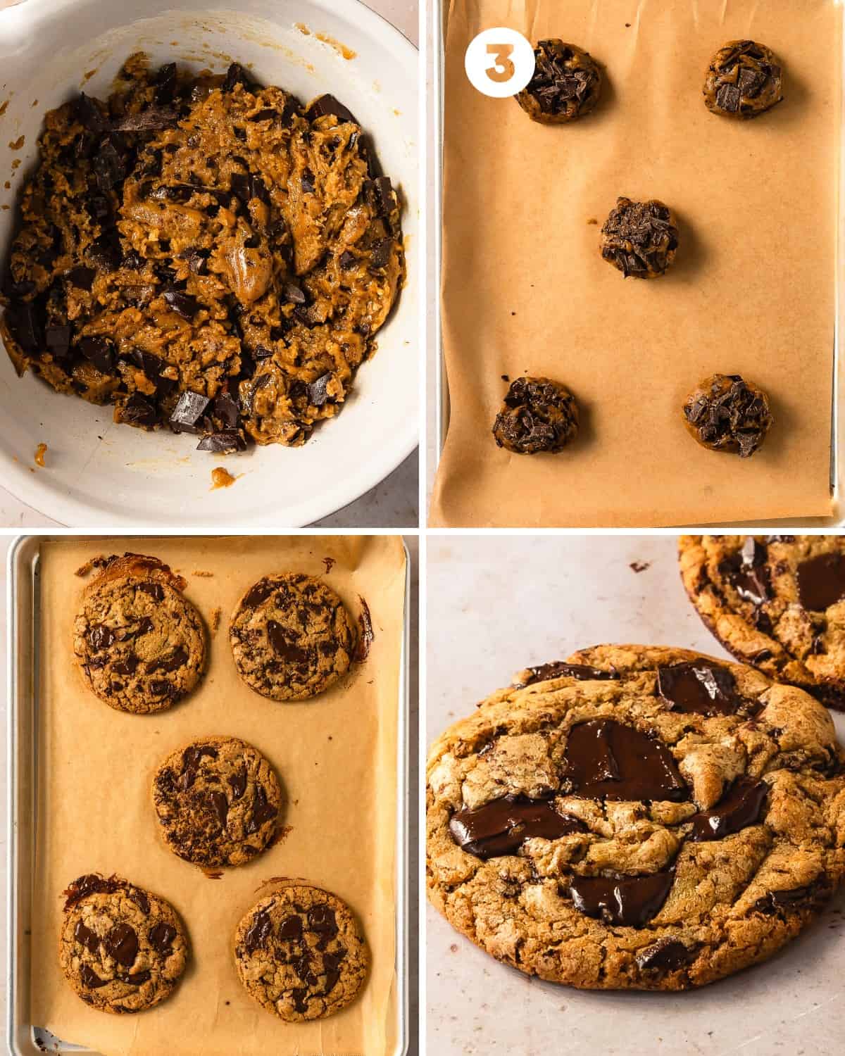 Cover the cookies with plastic wrap and transfer to the fridge to chill for 30 minutes or up to overnight. About 30 minutes before baking the cookies, preheat the oven to 375 F (190 C). Line a large baking sheet with parchment paper. Using a large cookie scoop (3 tablespoons, 45 ml), scoop the olive oil chocolate chip cookie dough and place the cookie dough balls onto the lined baking sheet about 3 inches (8 cm) apart. Top with the reserved chocolate chips or chunks. Bake for 12 - 14 minutes or until the edges of the cookies are set and the centers are slightly puffed. Cool the chewy olive oil cookies on the baking sheet for 5 minutes. If the cookies transfer easily at 5 minutes, then transfer to a cooling rack to cool completely to room temperature. If not, allow them to cool for an additional 5 minutes on the warm baking sheet, transfer to the cooling rack and enjoy! 