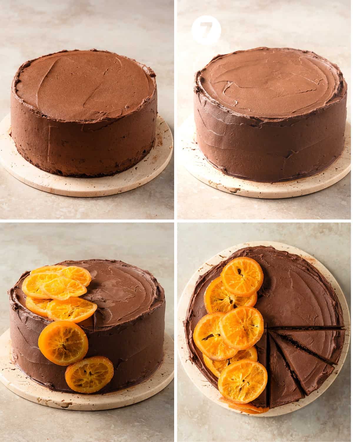 Apply the rest of the frosting to the cake. Smooth the sides with an icing knife or bench scraper. Top the cake with any leftover icing, creating swirls if you like. Add candied orange slices to the top and sides for a decorative touch. Return to the fridge to chill at least an additional 30 minutes, slice and enjoy.