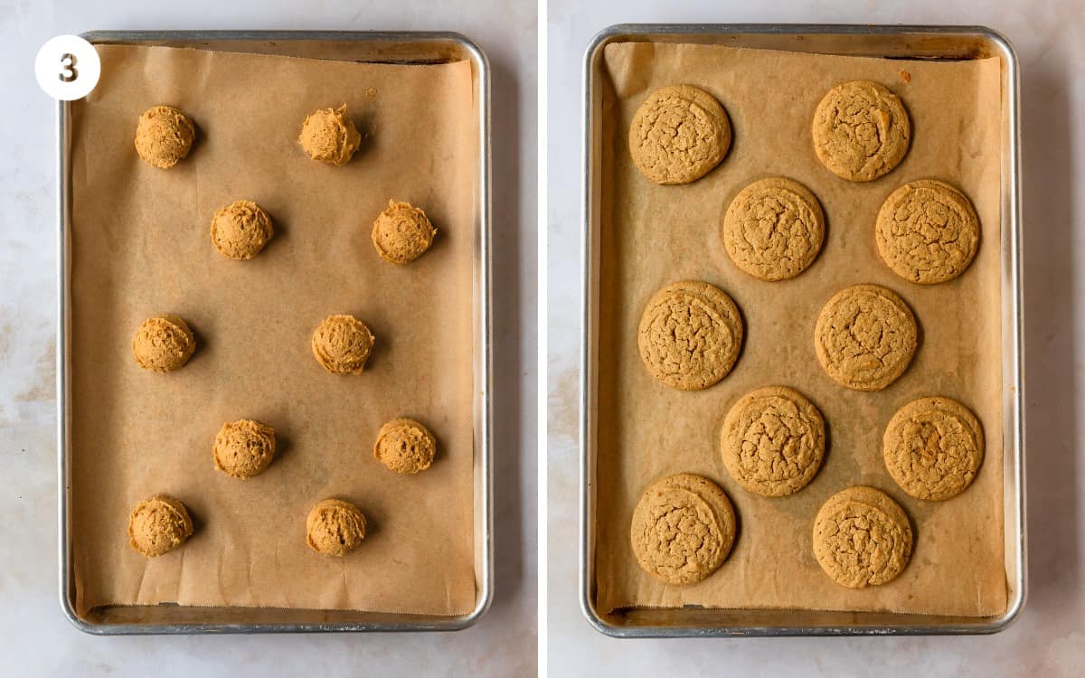 Scoop about 2 tablespoons (30 ml) of soft peanut butter cookie dough onto a lined baking sheet . Place about 8 balls of pb cookie dough on the baking sheet about 2 - 3 inches apart. Top with a pinch of granulated sugar. Bake the chewy old fashioned peanut butter cookies for 10 - 12 minutes. The edges will be set and lightly golden brown. Remove the cookies from the oven onto a cooling rack or stove top. After 3 - 5 minutes, transfer the cookies off the hot baking sheet and onto the cooling rack to cool to room temperature and enjoy!