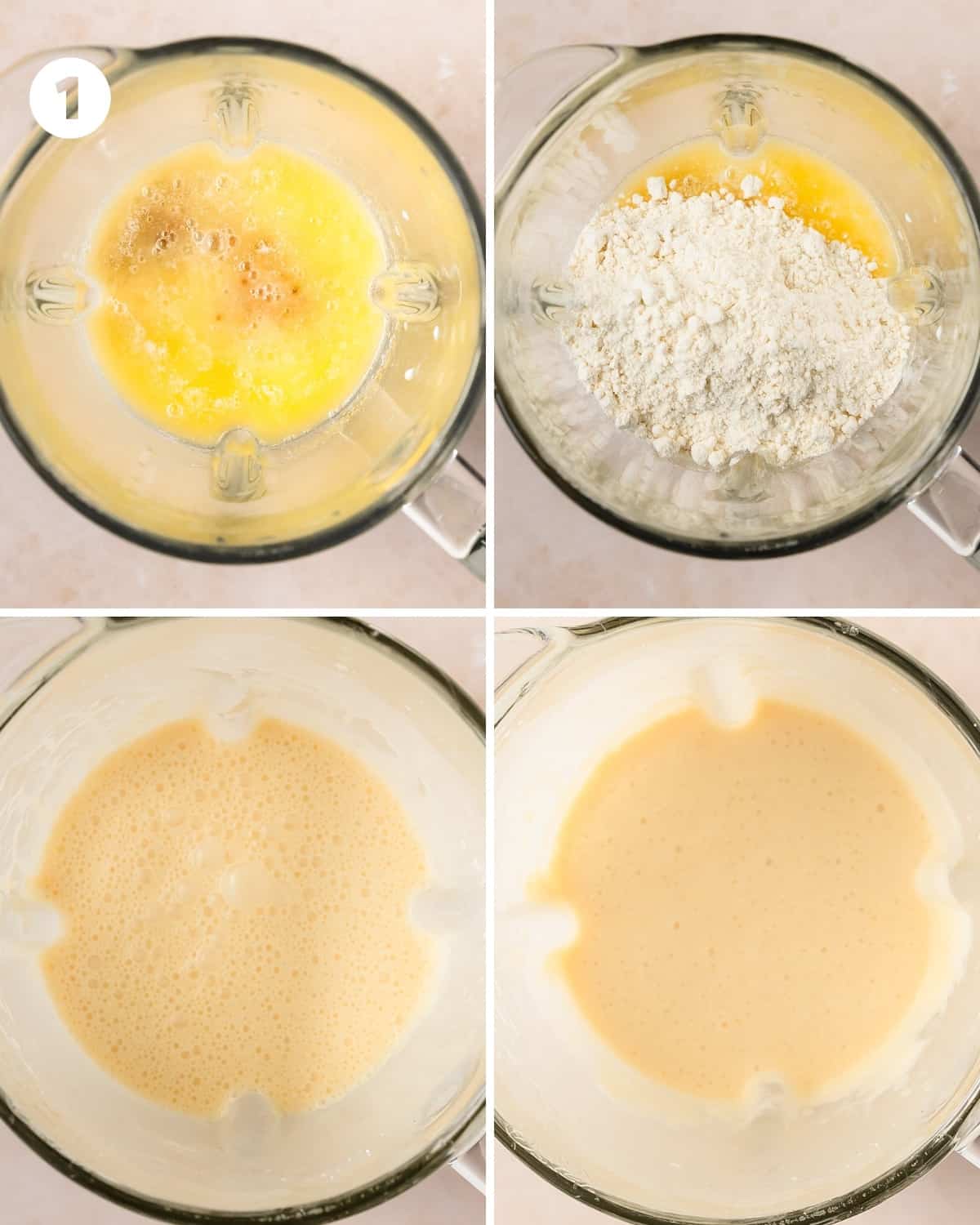 Add milk, melted and slightly cooled butter, eggs, vanilla extract, almond extract and pancake mix to a high speed blender. The wet ingredients can be added in any order, just make sure to add the pancake mix last. Pulse the ingredients 2 - 3 times to incorporate the crepe ingredients. Then blend everything on medium speed for about 30 seconds. Scrape the sides and bottom of the blender if needed and blend on medium speed again for about 10 seconds. Transfer the blender with the crepe pancake batter inside, to the fridge to rest for at least 30 - 60 minutes. The batter can be stored in the blender in the fridge up to overnight. 