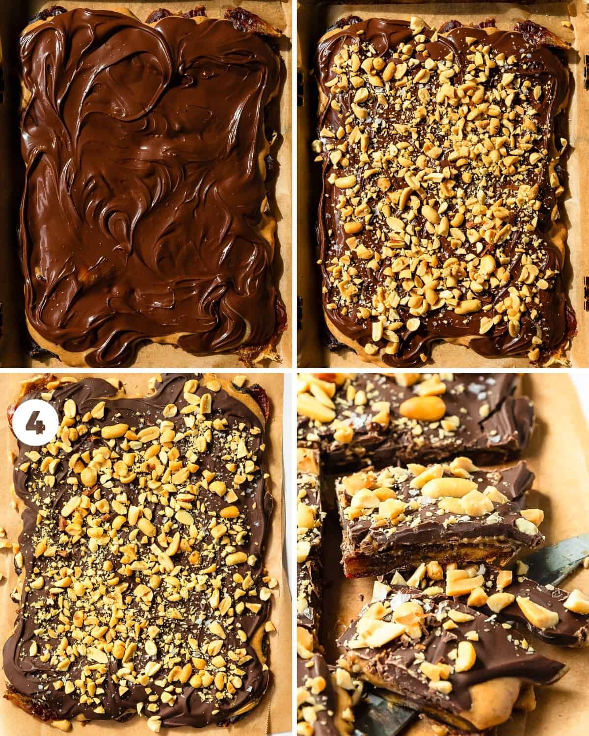Transfer the snickers date bark to the fridge for 1 hour or the freezer for about 20 - 30 minutes to chill and set. Once the snickers crunch bar is set, remove the bark from the fridge or freezer, use a sharp knife to cut the bar into your desired number and sized pieces. This healthy snickers candy bark is best enjoyed served from the fridge. 