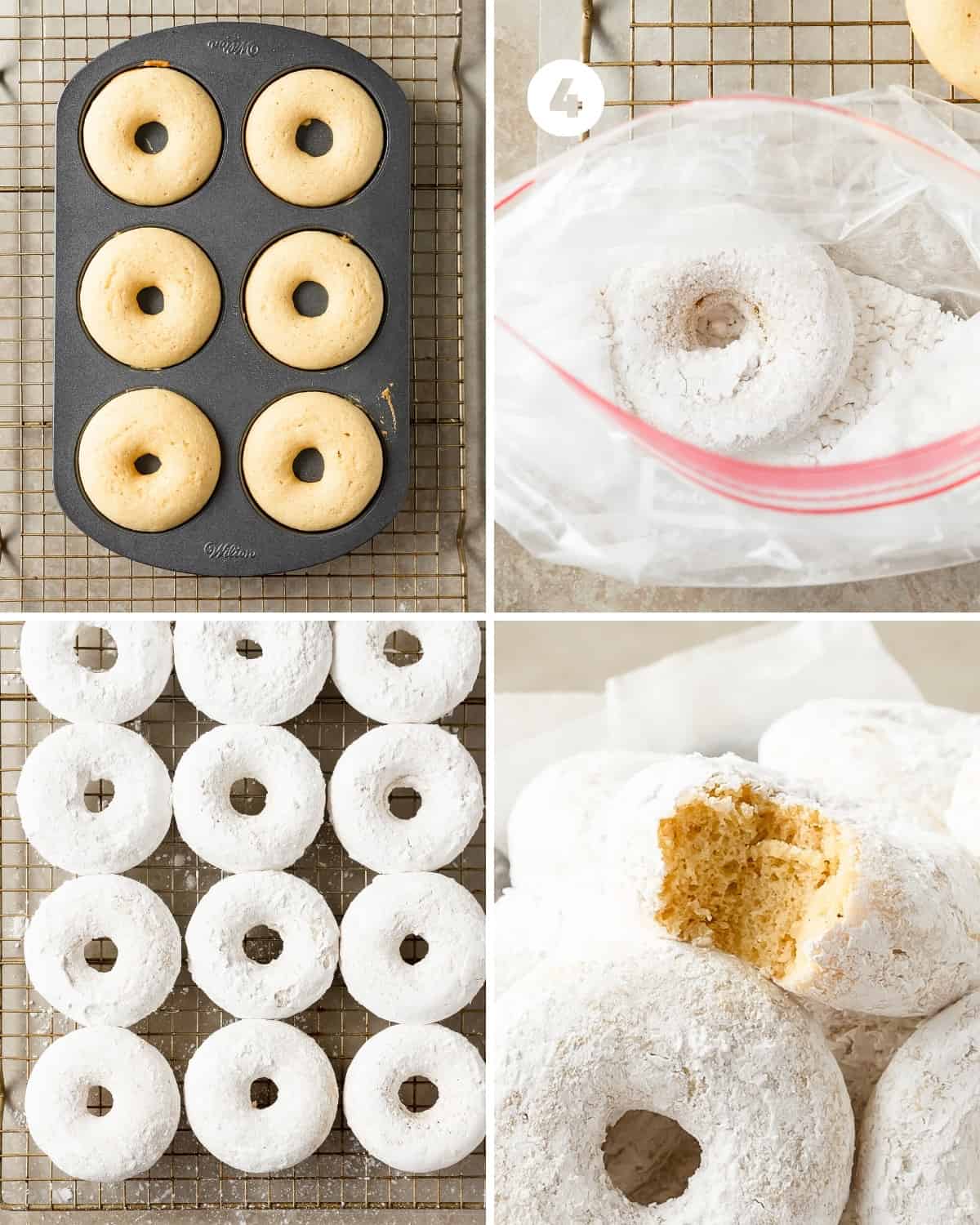 Pour the powdered sugar into a clean ziplock bag. While the donuts are still warm, toss one at a time into the powdered sugar until well coated. Transfer the powdered sugar donut back onto the cooling rack. Repeat until all the donuts are coated in the powdered sugar and enjoy!