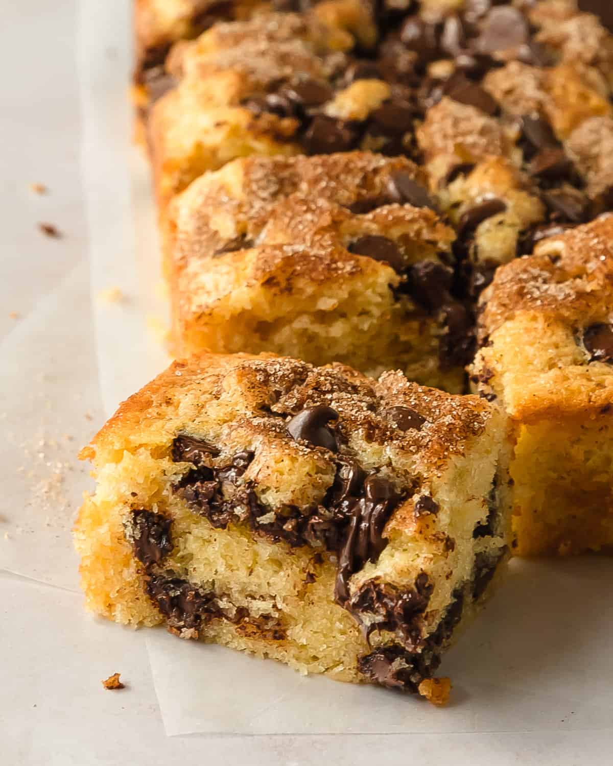 Chocolate chip cake is a soft, moist and fluffy vanilla cake layered with sweet chocolate chips and cinnamon sugar. This chocolate chip cake recipe is super easy to make in one bowl and is the perfect simple but decadent cake for any occasion.