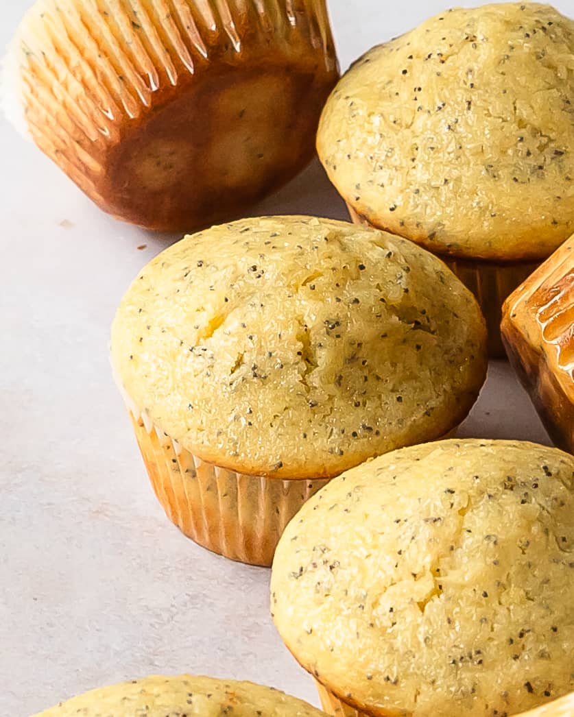 Lemon poppy seed muffins are fluffy, moist and tangy bakery style muffins studded with crunchy poppy seeds and bursting with fresh citrus flavor. After baking, the poppy seed muffin tops are brushed with a bright, sweet and tart lemon simple syrup glaze. 