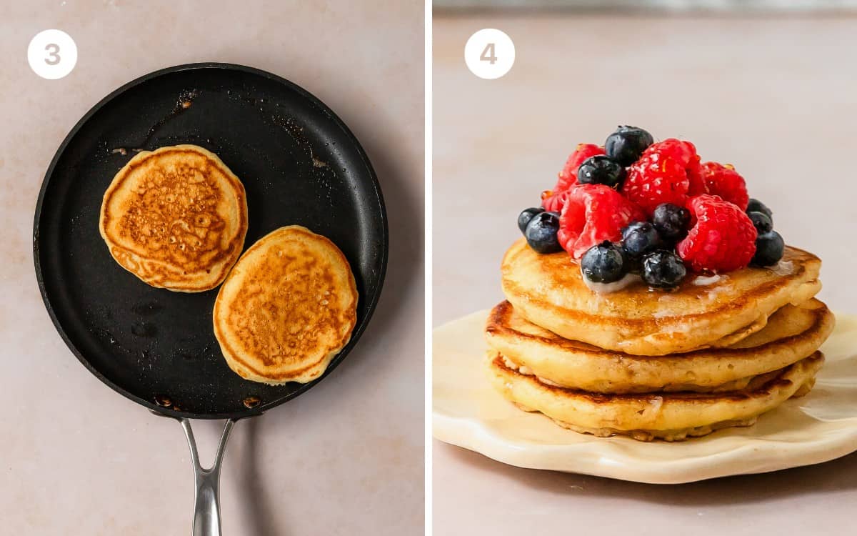 Transfer the pancakes to a cooling rack or plate. Continue cooking the pancakes until all the batter is used. Serve as soon as possible. I like topping my fluffy homemade pancakes with fresh fruit and maple syrup. 