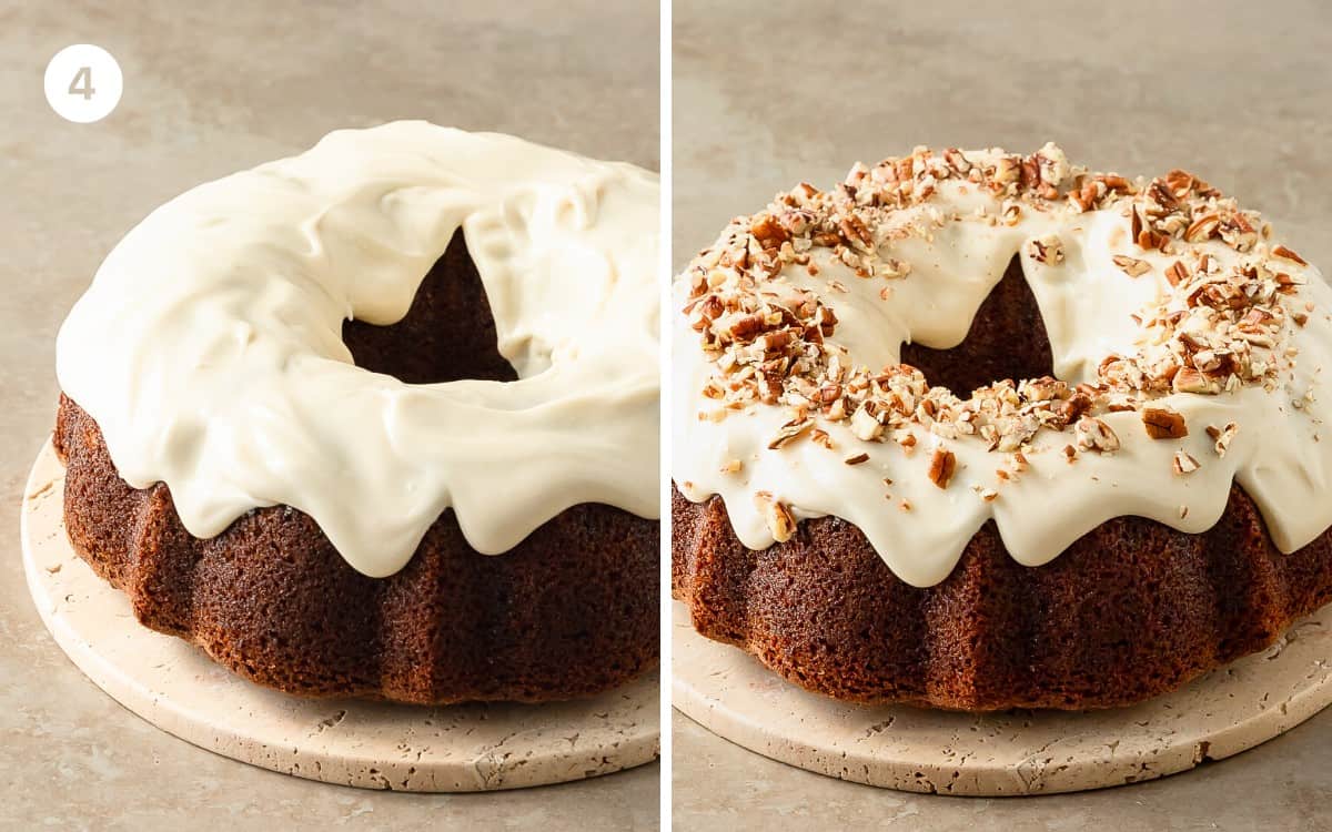 While the bundt carrot cake cools, make the cream cheese glaze. Beat the cream cheese on medium speed until smooth and creamy. Beat in the vanilla extract, heavy cream and powdered sugar and salt until smooth and well combined.  Top the cooled carrot bundt cake with the creamy cheese glaze and chopped pecans if you like. Place the cake in the fridge to set for about 30 - 45 minutes if the frosting is soft for your liking.