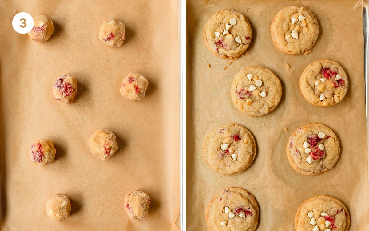 Using a medium cookie scoop (2 tablespoons, 30 ml), scoop the cookie dough into balls. Roll the cookie dough into sugar and place onto the lined baking sheet about 3 inches ( 8 cm) apart. Top with 1 - 2 raspberries if you like. Bake at 375 F (190 C) for 10 -12 minutes or until the edges of the cookies are set and are a light golden brown. Cool the chewy raspberry cookies on the baking sheet for 3 - 4 minutes. While the cookies are cooling, top them with more white chocolate chips if you like. Then transfer to a cooling rack to cool completely to room temperature and enjoy!