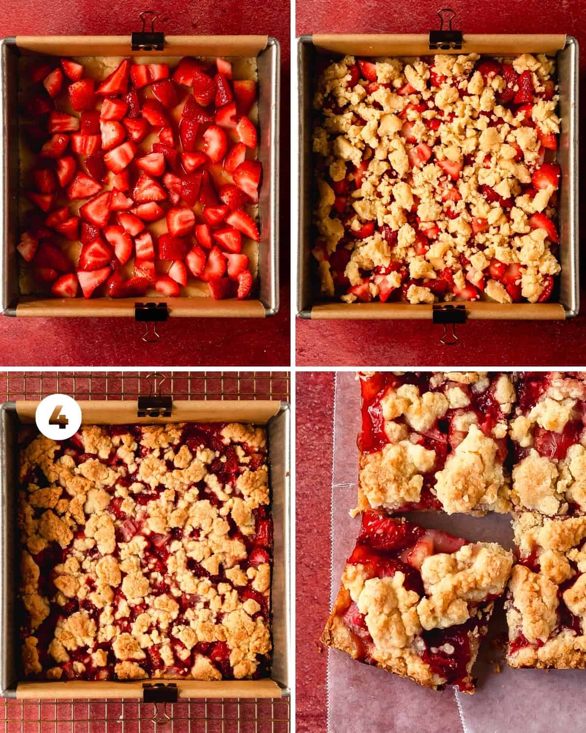 Bake the fresh strawberry bars for 35 - 45 minutes or until the crust is a nice golden brown with edges of the crust pulling slightly away from the sides of the pan. The strawberry filling will thicken and bubble. Cool the crumble bars in the pan for 1 hour. If the bars are too soft to easily transfer from the pan after 1 hour at room temperature, transfer to the fridge to set for another hour. Once the bars are set, top with powdered sugar, lemon drizzle or enjoy as is. 
