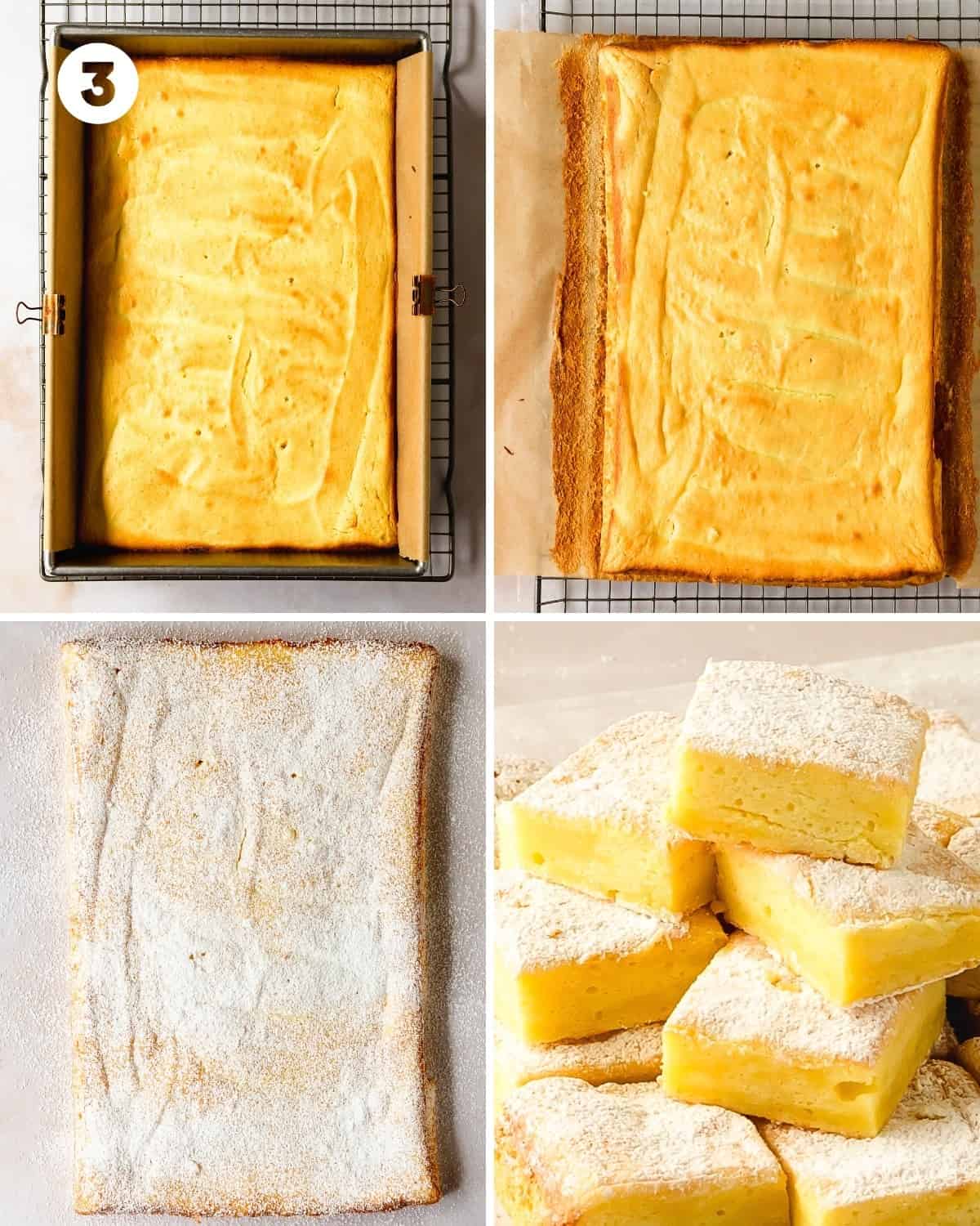 Bake the lemon cake bars for 30 - 40 minutes or until a toothpick inserted into the center comes out clean. The edges of the lemon bars should pull slightly from the edge of the pan and the top should be a light golden brown. Cool the cake in the cake pan for 60 minutes or until room temperature. Using the parchment paper, gently lift the lemon pie filling cake bars out of the pan using the parchment paper on the sides of the pan. Dust with powdered sugar if you like, slice and enjoy. 