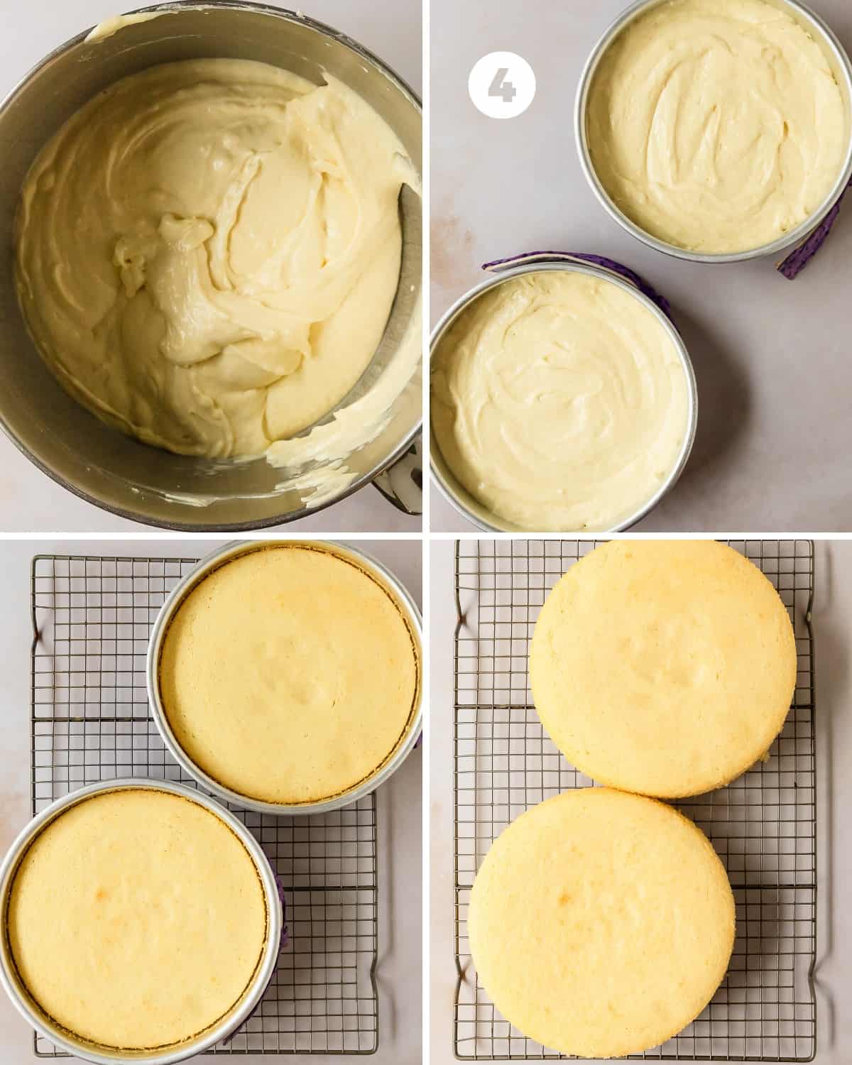 Evenly scoop the lemon cake batter into the prepared pans (the total weight of the cake is about 1210 g). Bake the moist vanilla and lemon cake for 28 - 32 minutes or until a toothpick inserted into the center of the cake comes out clean or with a few moist crumbs. Cool the cakes in the pan for 10 minutes. Remove the cakes from the pan to cool completely on a cooling rack. Loosely wrap the cakes in plastic wrap to chill in the fridge for an hour. The cakes must be completely cooled before applying the frosting. 