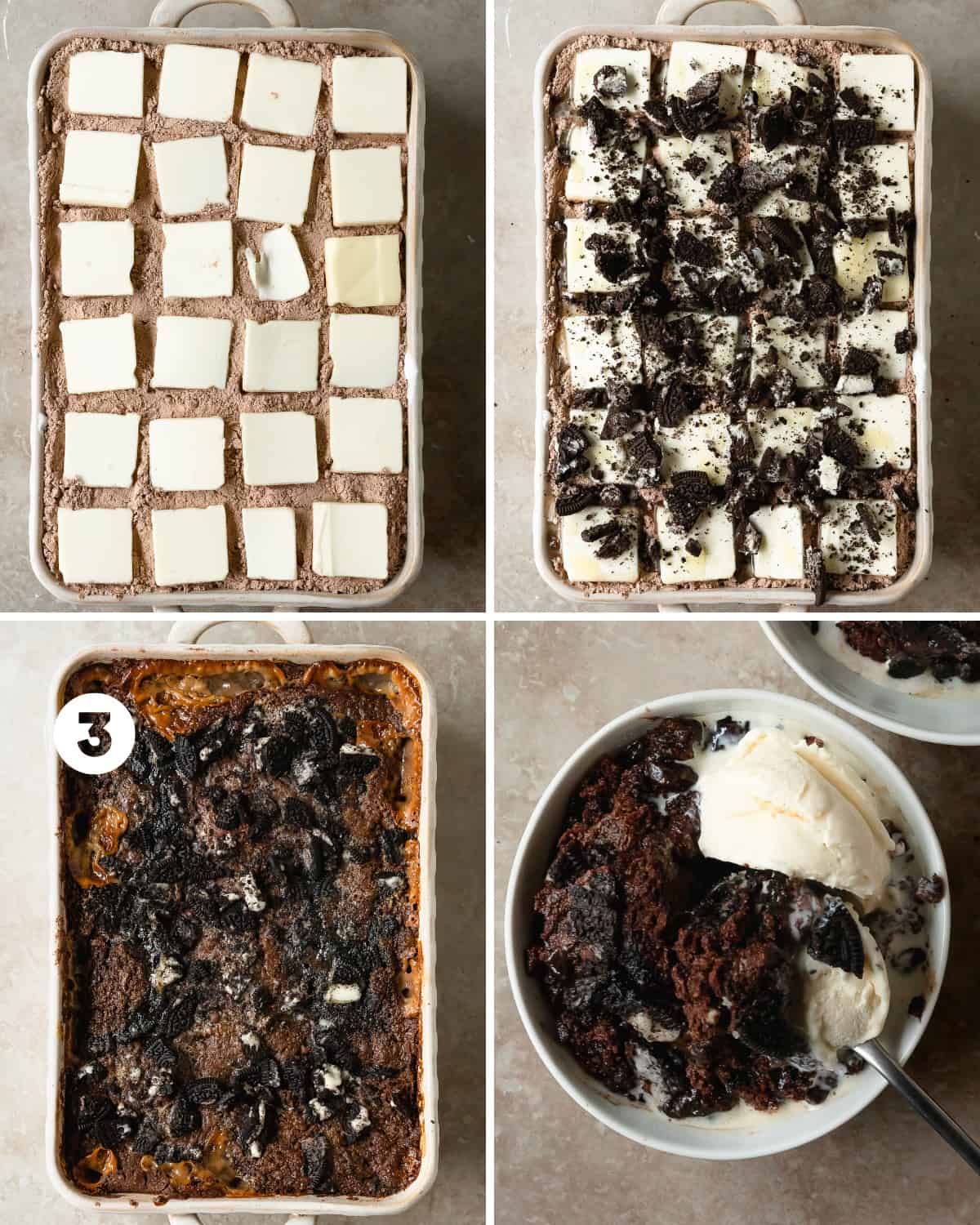 Bake the Oreo fudge dump cake for 35 - 40  minutes. The sweetened condensed milk will bubble around the edges and will look lightly caramelized. Cool the easy Oreo cake for 5 minutes, scoop into a bowl, top with ice cream if you like and enjoy!