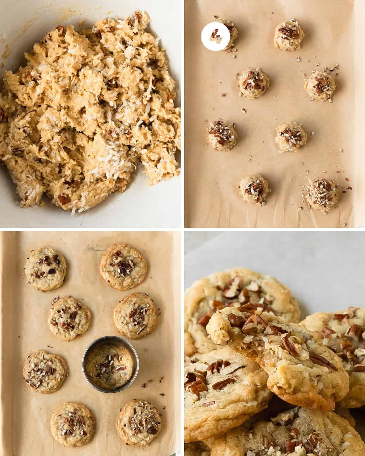 Preheat the oven to 375 F (190 C) for about 20 - 30 minutes before baking the cookies. Line a large baking sheet with parchment paper. Using a medium cookie scoop (2 tablespoons, 30 ml), scoop the coconut and pecan cookie dough into balls and place onto the lined baking sheet about 3 inches ( 8 cm) apart. Bake at 375 F (190 C) for 9 -11 minutes or until the edges of the cookies are set and are a light golden brown. Reshape any cookies using a biscuit or cookie cutter slightly wider than the cookie. Place the cutter over the cookies so the edges of the cookie are inside the cookie/ biscuit cutter. In a circular motion, gently nudge the edges back into a round shape. Cool the chewy pecan coconut cookies on the baking sheet for 5 minutes. Then transfer to a cooling rack to cool completely to room temperature and enjoy.